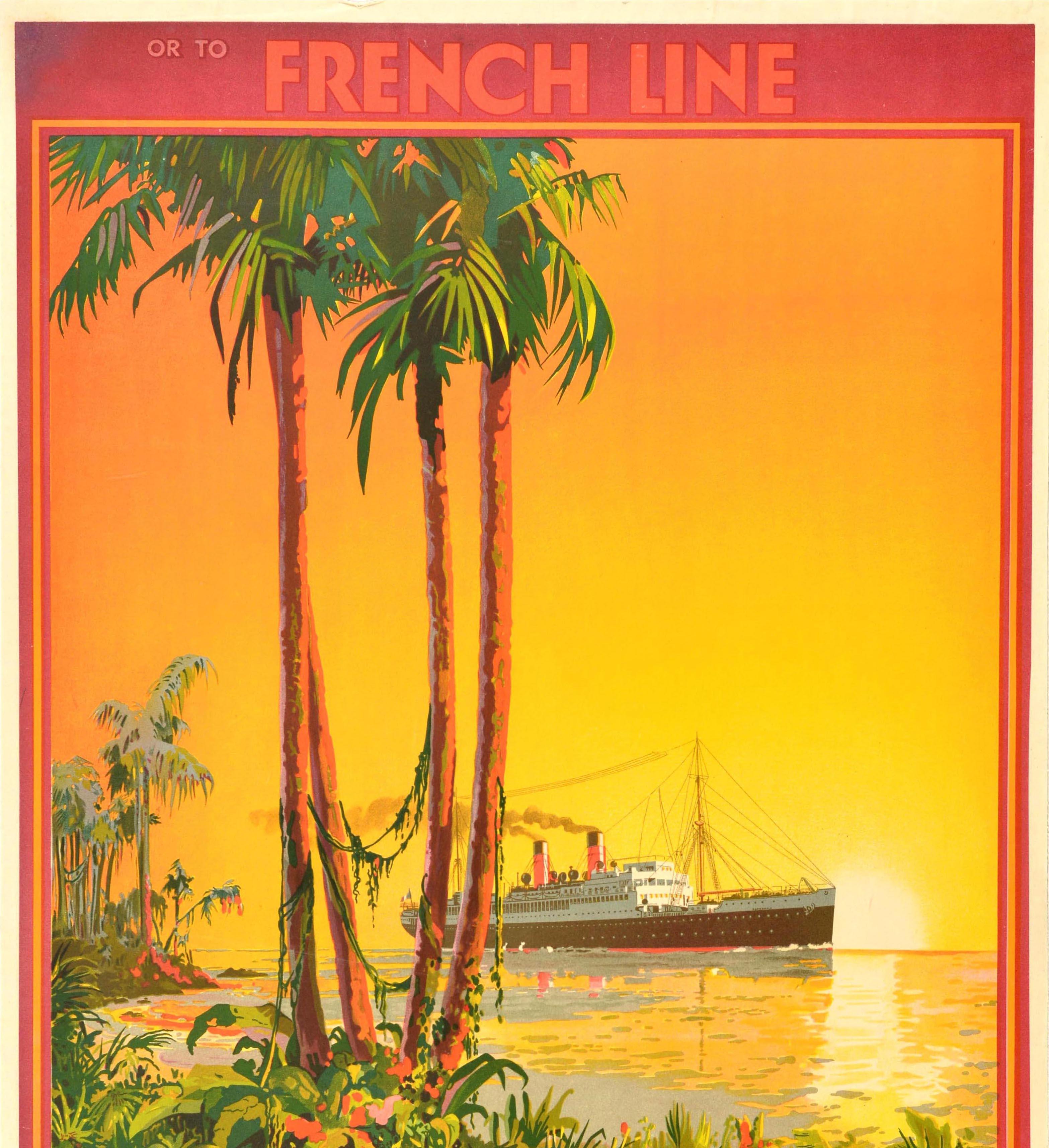 Original Vintage Travel Poster French Line Ocean Cruise Plymouth Panama Spain  In Good Condition For Sale In London, GB
