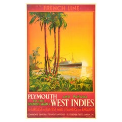 Original Vintage Travel Poster French Line Ocean Cruise Plymouth Panama Spain
