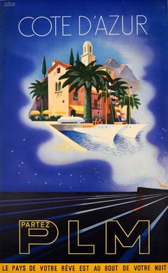 Original Vintage Travel Poster French Riviera Art Deco PLM Railway Cote DAzur