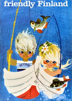 Original Vintage Travel Poster Friendly Finland Fishing Suomi Anneli Qveflander
