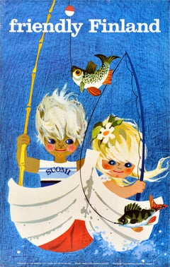 Original Vintage Travel Poster Friendly Finland Fishing Suomi Anneli Qveflander
