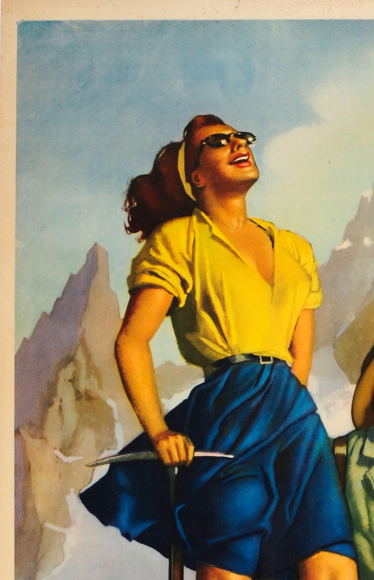 Original vintage travel advertising the Vallee d'Aosta alps region of northwest Italy bordered by France and Switzerland known for the iconic snow topped mountain peaks of the Matterhorn, Mont Blanc, Monte Rosa and Gran Paradiso, featuring a smiling