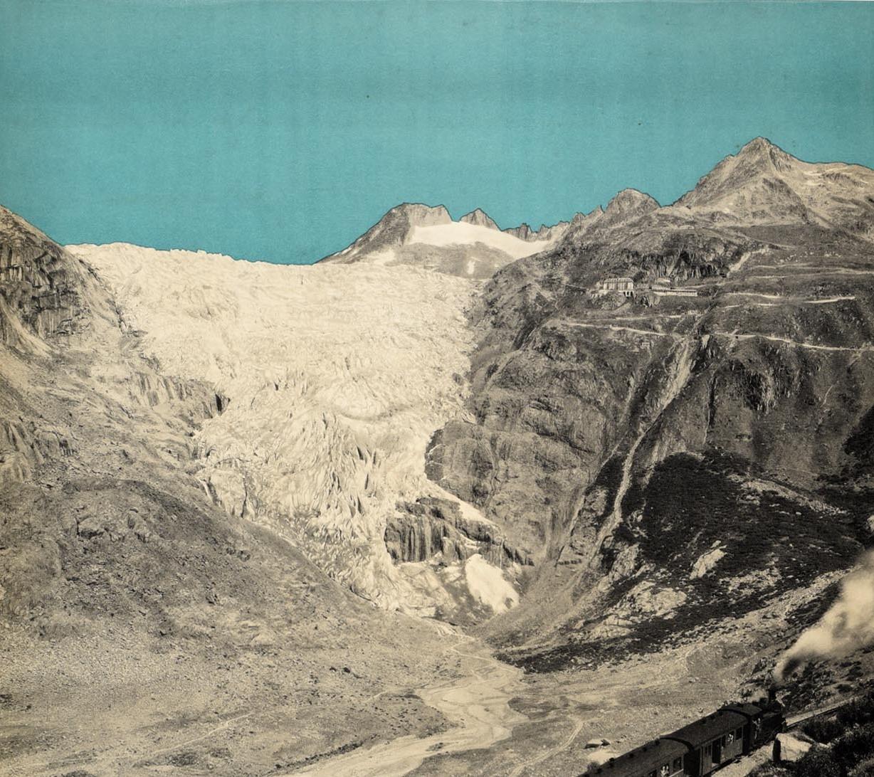 Original vintage travel poster for the Furka Oberalp mountain railway in Switzerland that connects the Rhone to the Rhine (the first part of the railway line from Brig to Gletsch opened in 1914) featuring a scenic black and white view of passengers