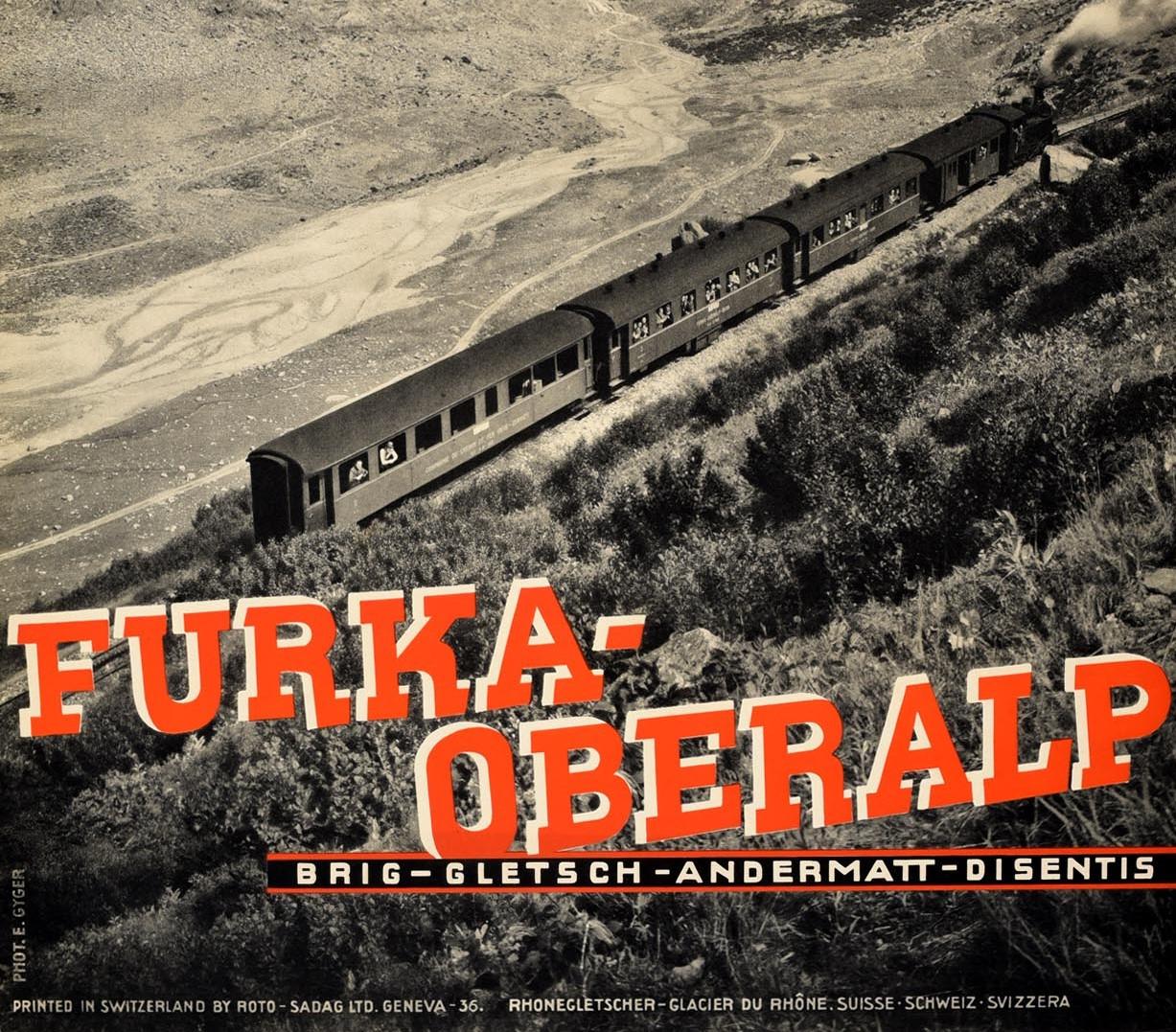 Swiss Original Vintage Travel Poster Furka Oberalp Mountain Railway Steam Train Photo