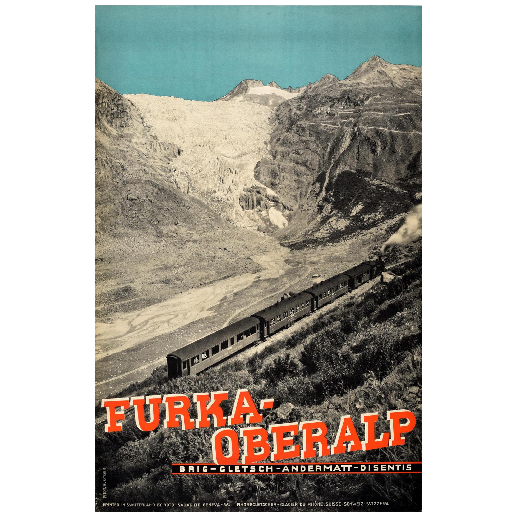 Original Vintage Travel Poster Furka Oberalp Mountain Railway Steam Train Photo