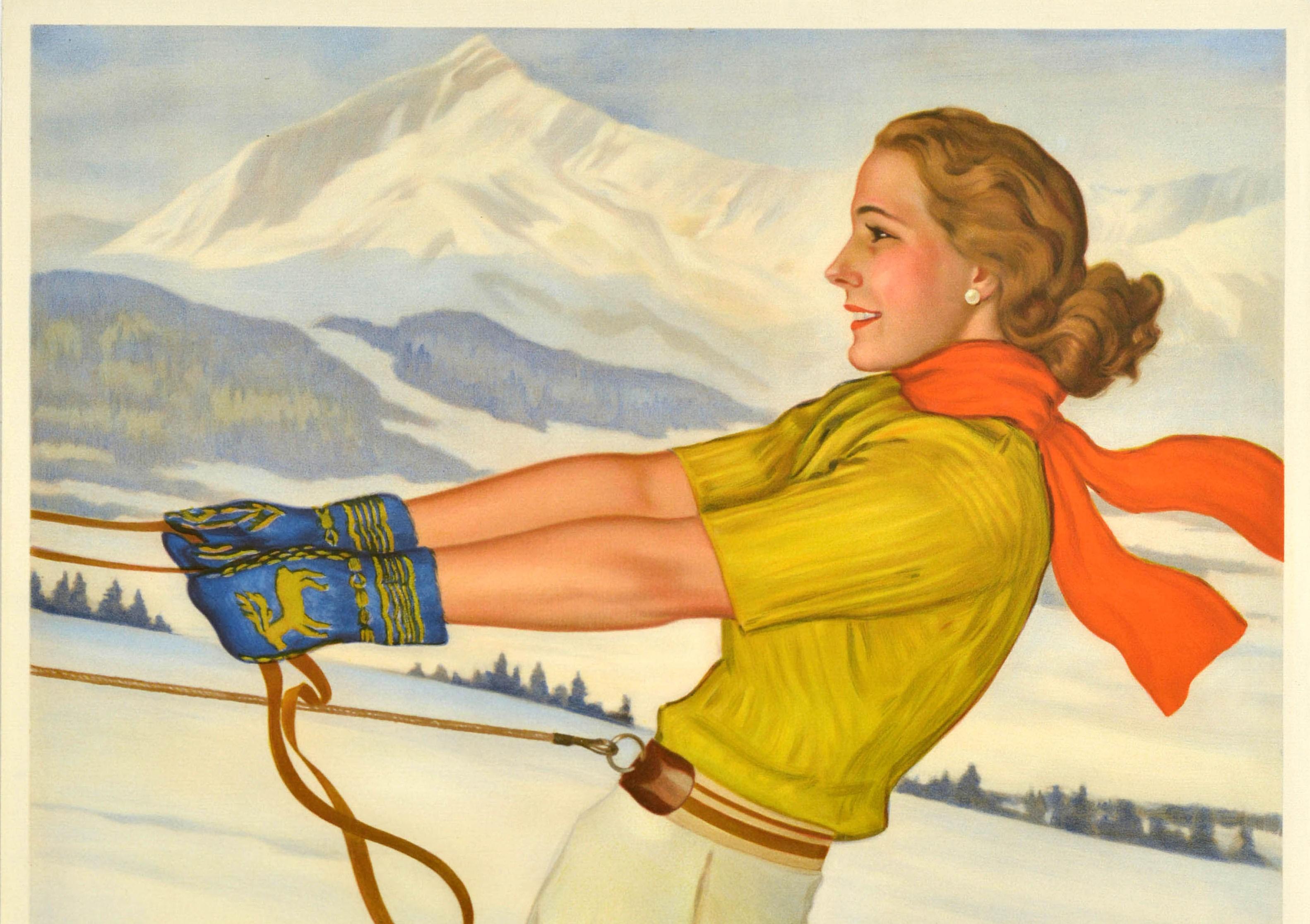 Original Vintage Bavaria Reiseplakat für den Heilklimatischen Kurort Garmisch Partenkirchen Führender Deutscher Wintersportplatz mit einer wunderschönen Illustration des deutschen Malers und Grafikers Rolf Niczky (1881-1950), die eine lächelnde Dame