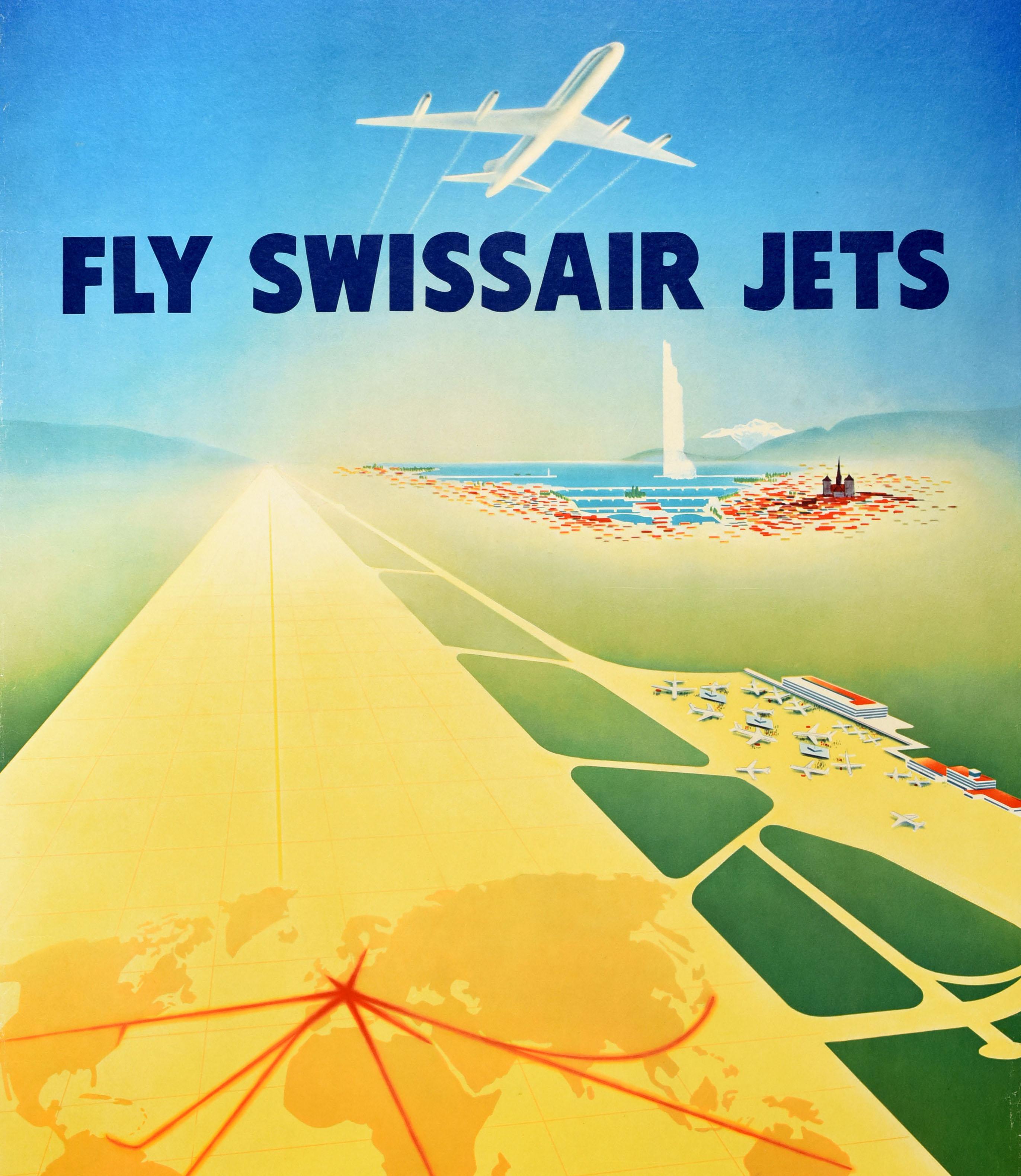 Original-Reise-Werbeplakat - Geneva Intercontinental Airport Fly Swissair Jets Linking the World - mit einem farbenfrohen Motiv, das ein Flugzeug zeigt, das mit hoher Geschwindigkeit von einer gelben Start- und Landebahn abhebt, mit einer Weltkarte