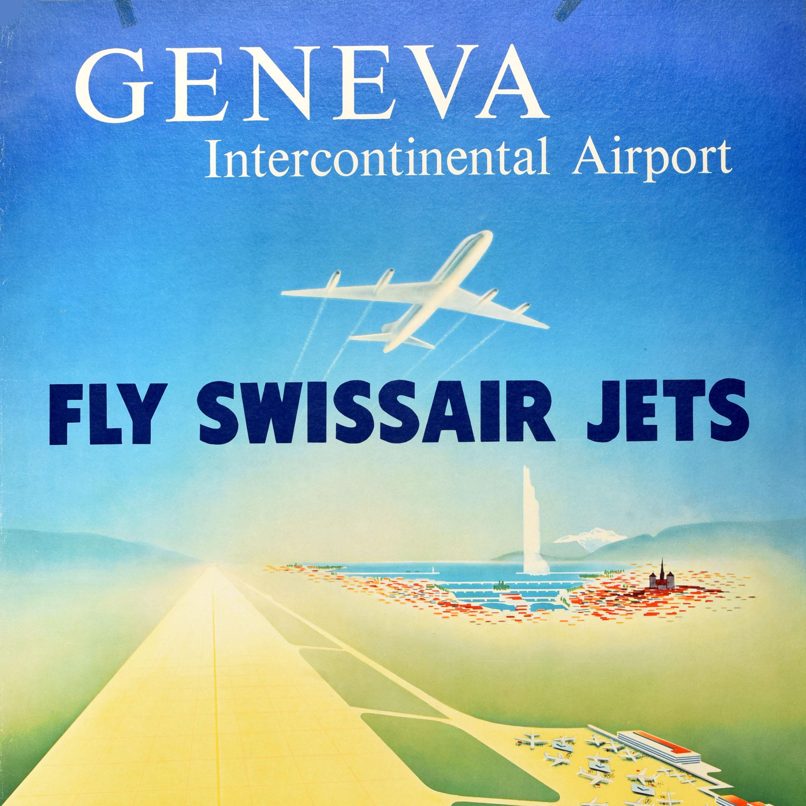 Original Vintage Travel Poster Genf Intercontinental Flughafen Swissair Jets (Schweizerisch) im Angebot