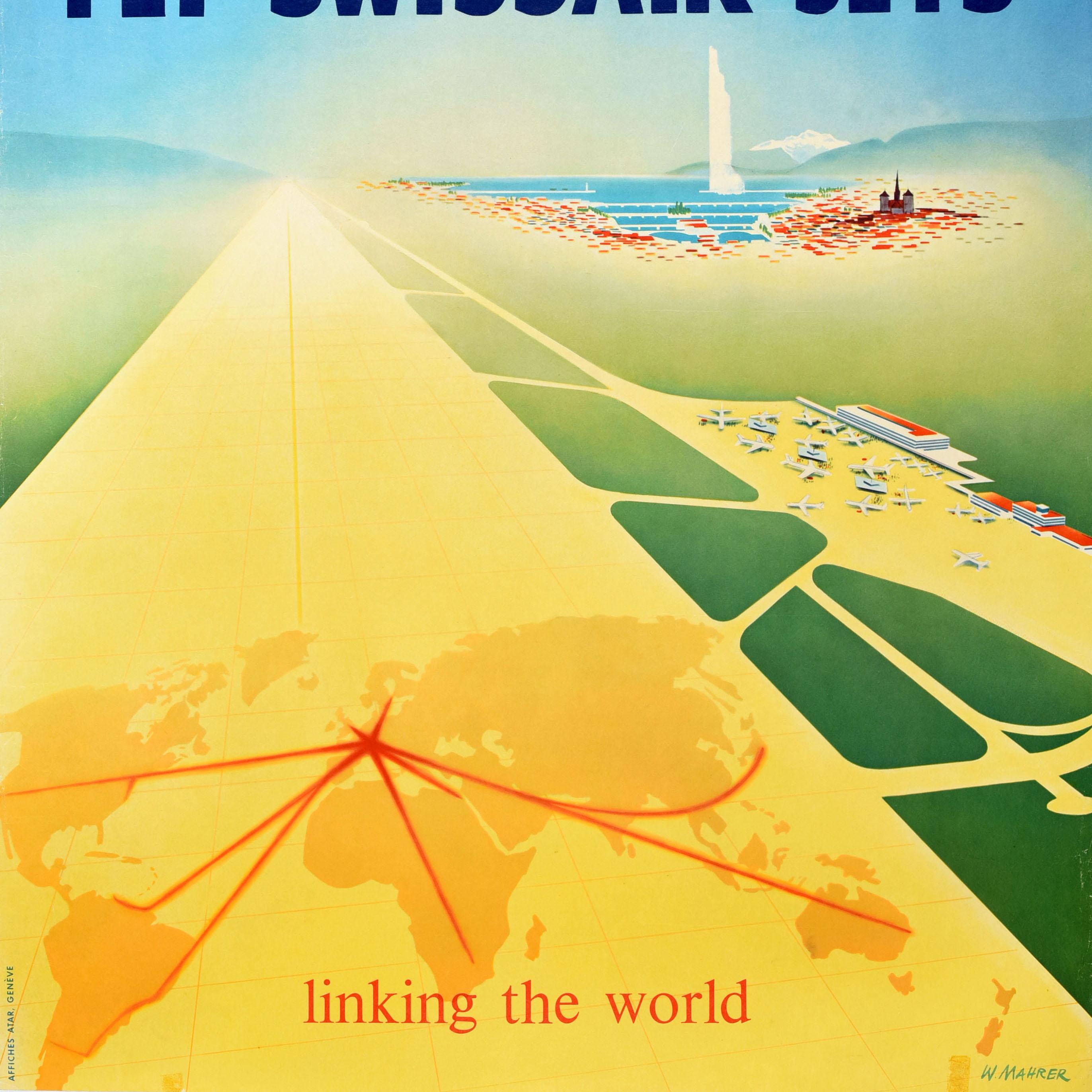 Original Vintage Travel Poster Genf Intercontinental Flughafen Swissair Jets im Zustand „Gut“ im Angebot in London, GB
