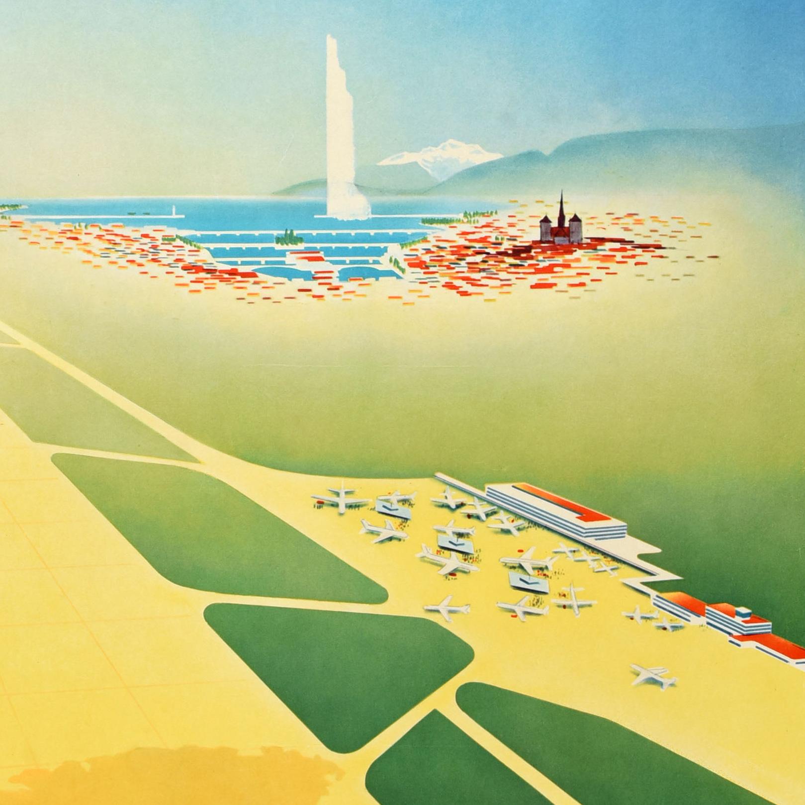 Original Vintage Travel Poster Genf Intercontinental Flughafen Swissair Jets (Mitte des 20. Jahrhunderts) im Angebot
