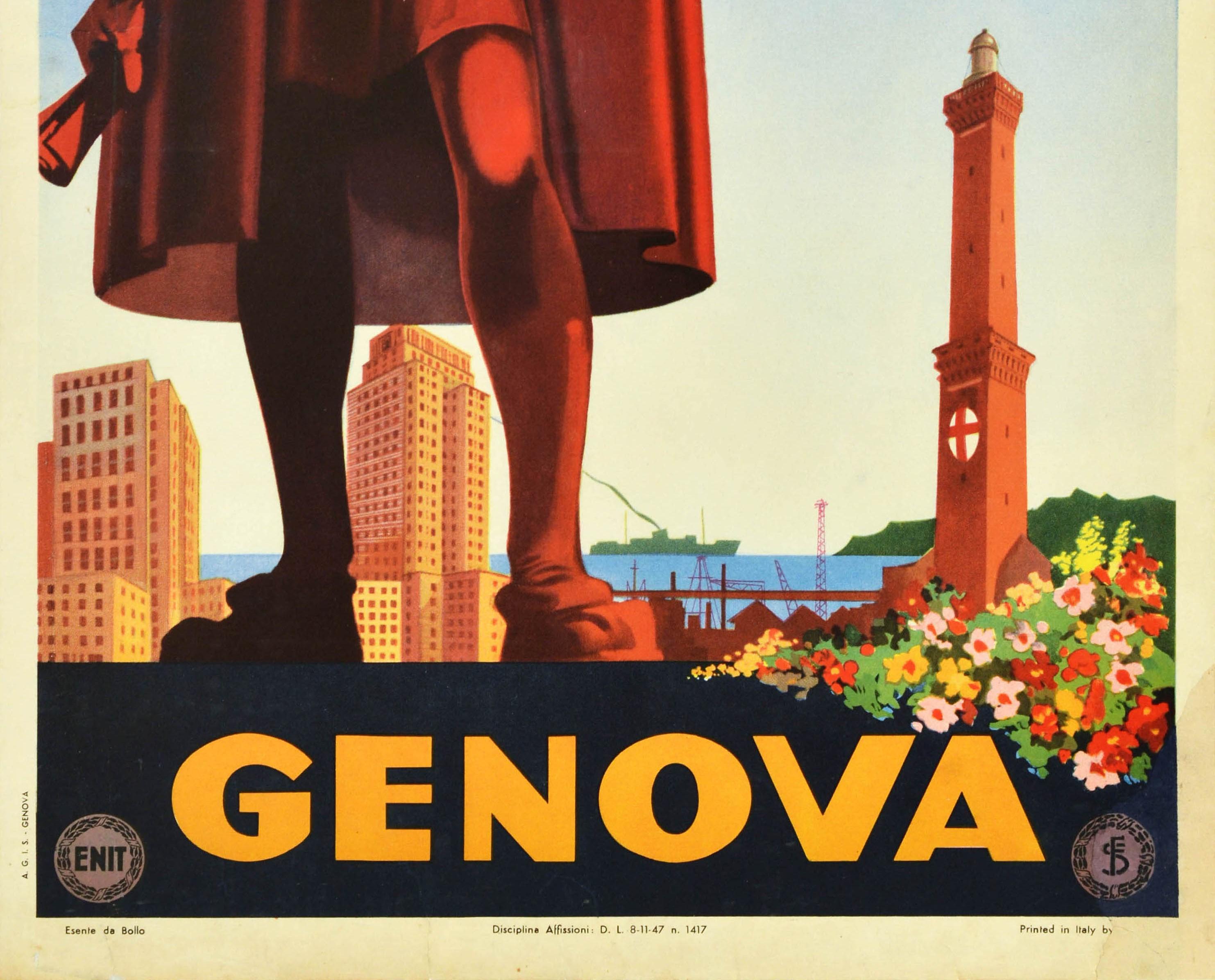 Italian Original Vintage Travel Poster Genova Genoa Italy ENIT Tourism Italia Lighthouse For Sale