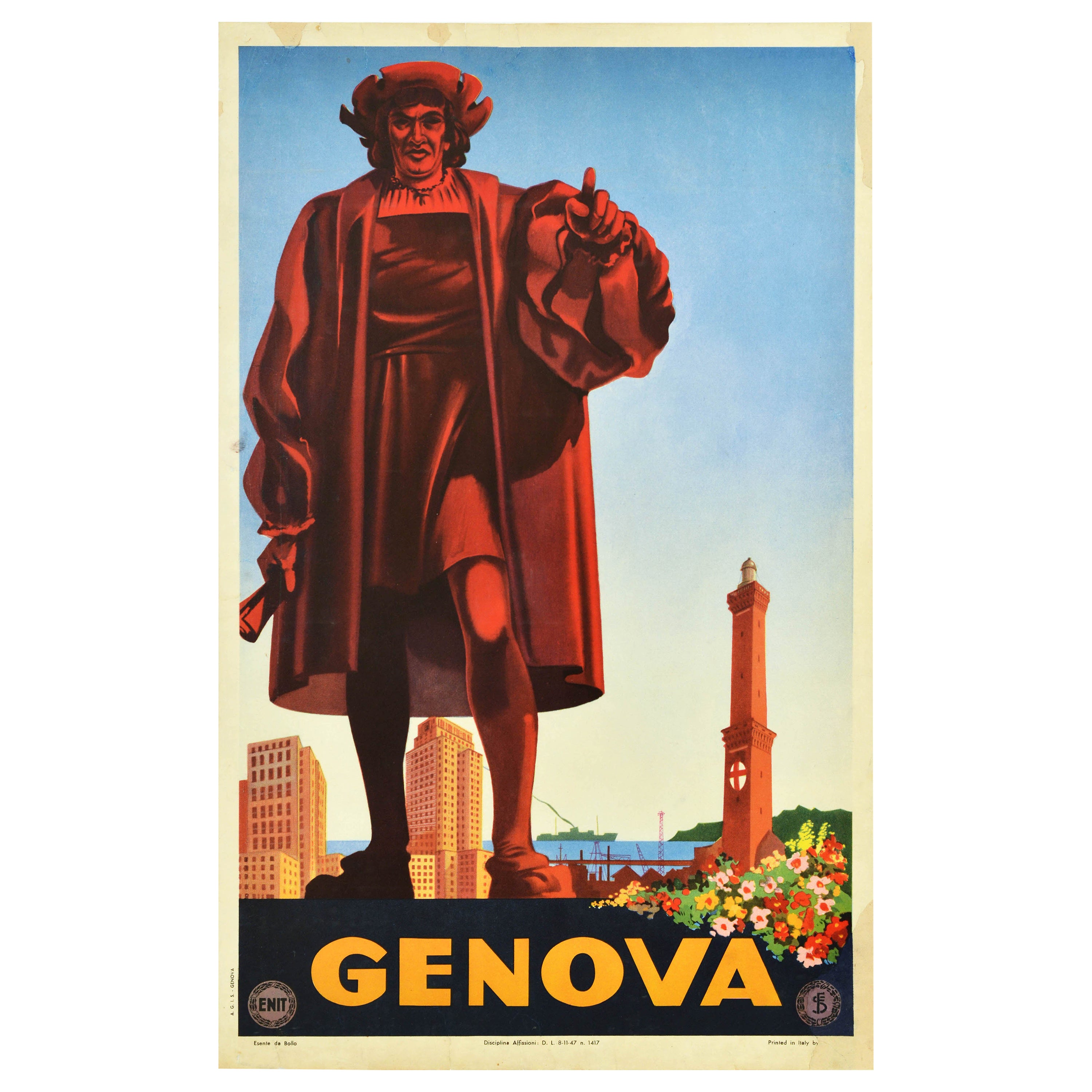 Poster di viaggio originale d'epoca Genova Genova Italia ENIT Turismo Italia Faro