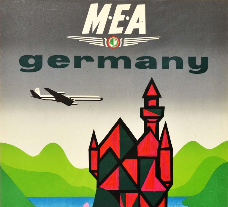 Original vintage travel poster promoting Germany by MEA Middle East Airlines featuring a colourful design by Jacques Auriac (1922-2003) depicting a turreted castle decorated in a geometric triangle pattern, on top of a hill covered in wild flowers
