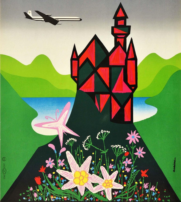 Original Vintage Travel Poster Germany Middle East Airlines BOAC Mountains Lake In Good Condition For Sale In London, GB
