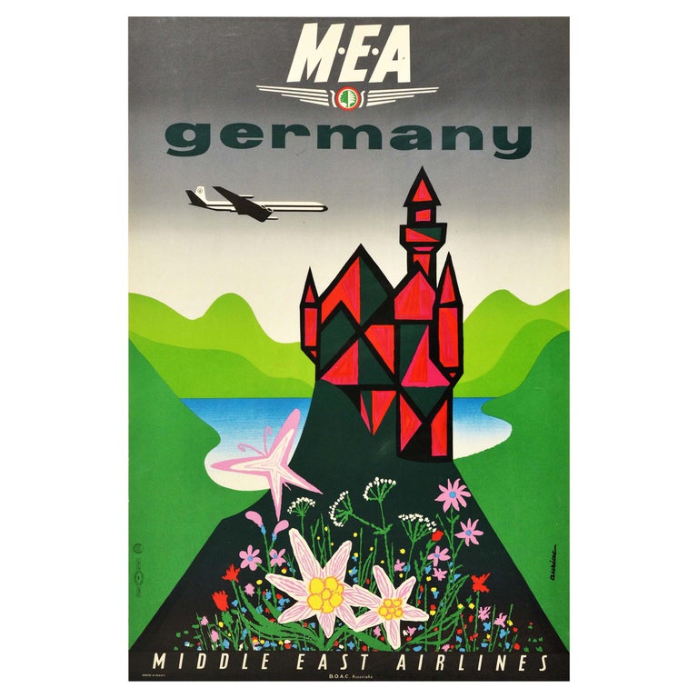 Original Vintage Travel Poster Germany Middle East Airlines BOAC Mountains Lake For Sale