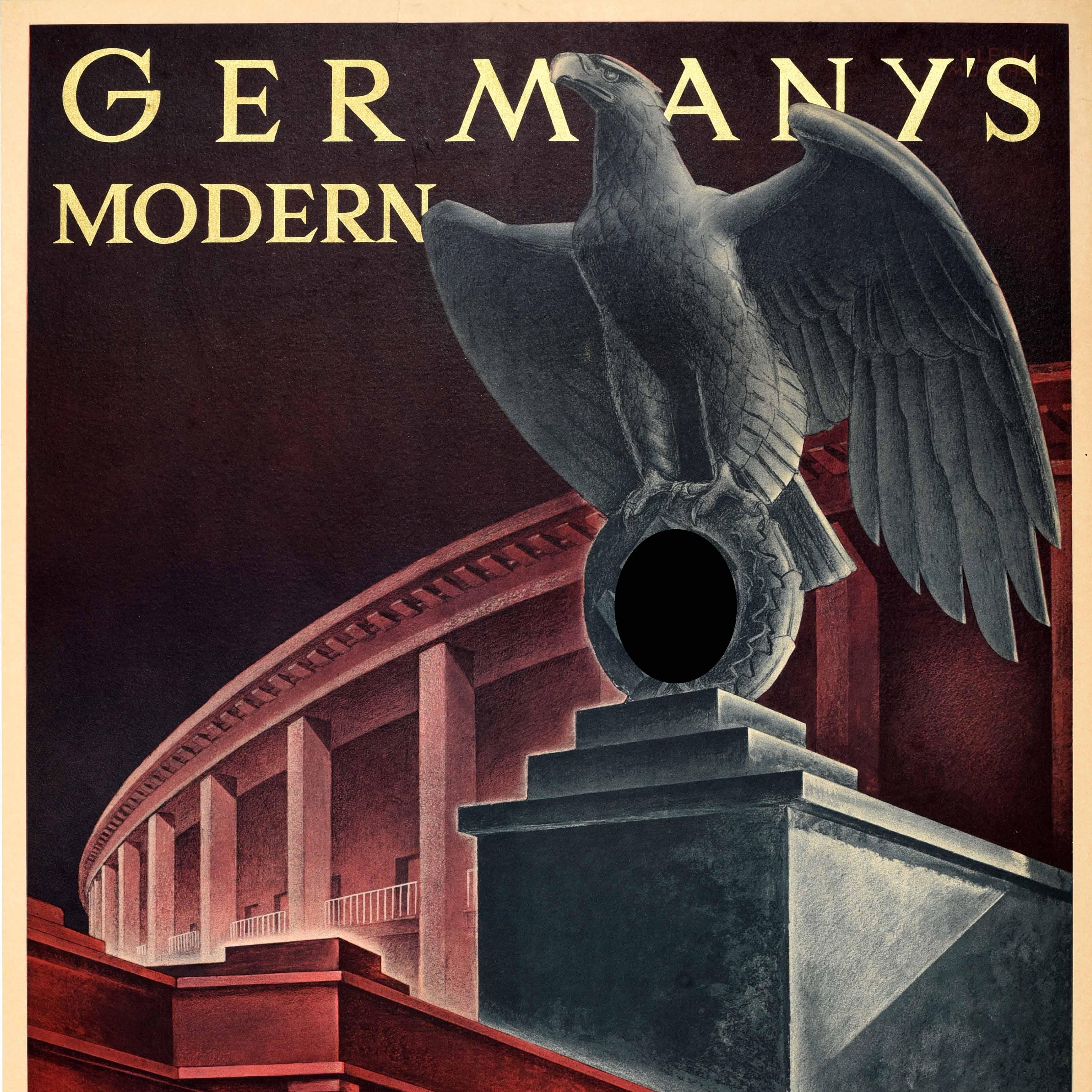 Poster di viaggio vintage originale che promuove l'architettura moderna della Germania con un dinamico disegno di A. Klein (1890-1967) che mostra i nuovi edifici costruiti negli anni '20 e '30 dopo la Prima Guerra Mondiale, tra cui l'imponente