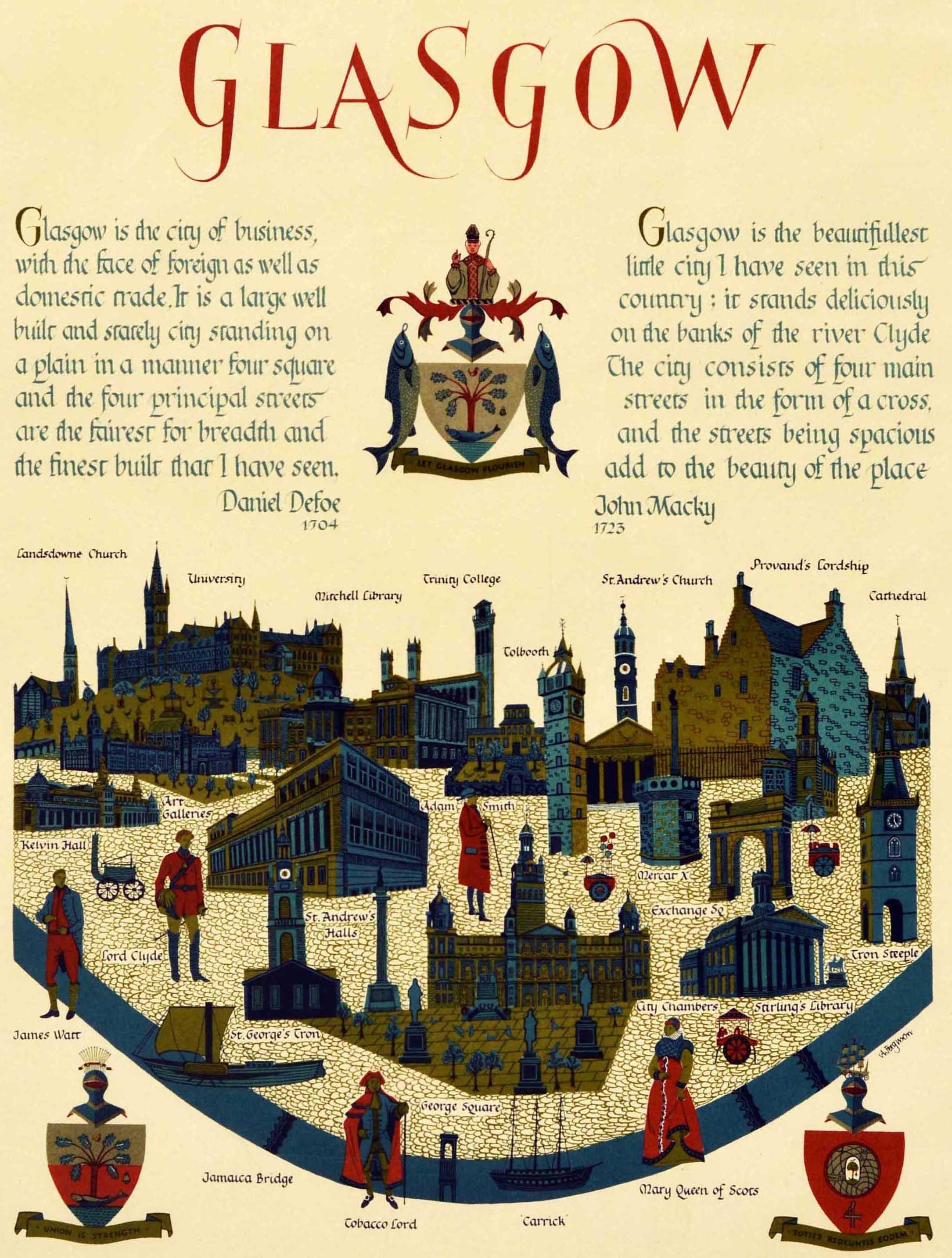 Original vintage travel poster for Glasgow featuring text in calligraphic style lettering with an illustration of the historic city buildings, notable people, river Clyde and coats of arms, the quotes above by Daniel Defoe 1704 - 
