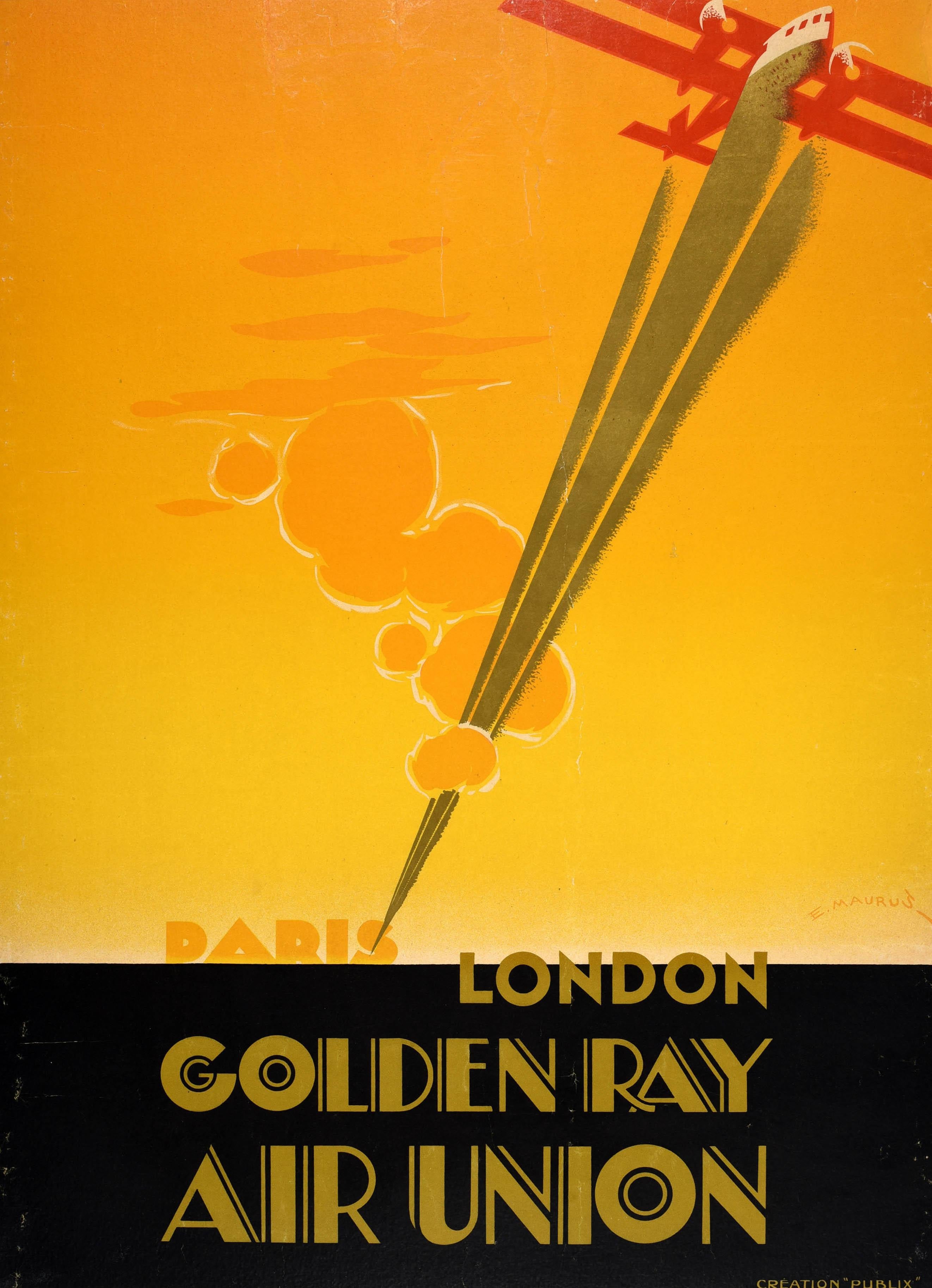 Original vintage travel poster - Paris London Golden Ray Air Union - featuring a stunning Art Deco design by Edmond Maurus (1903-1977) depicting a propeller plane flying at speed through a cloudy yellow and orange shaded sky with the stylised title