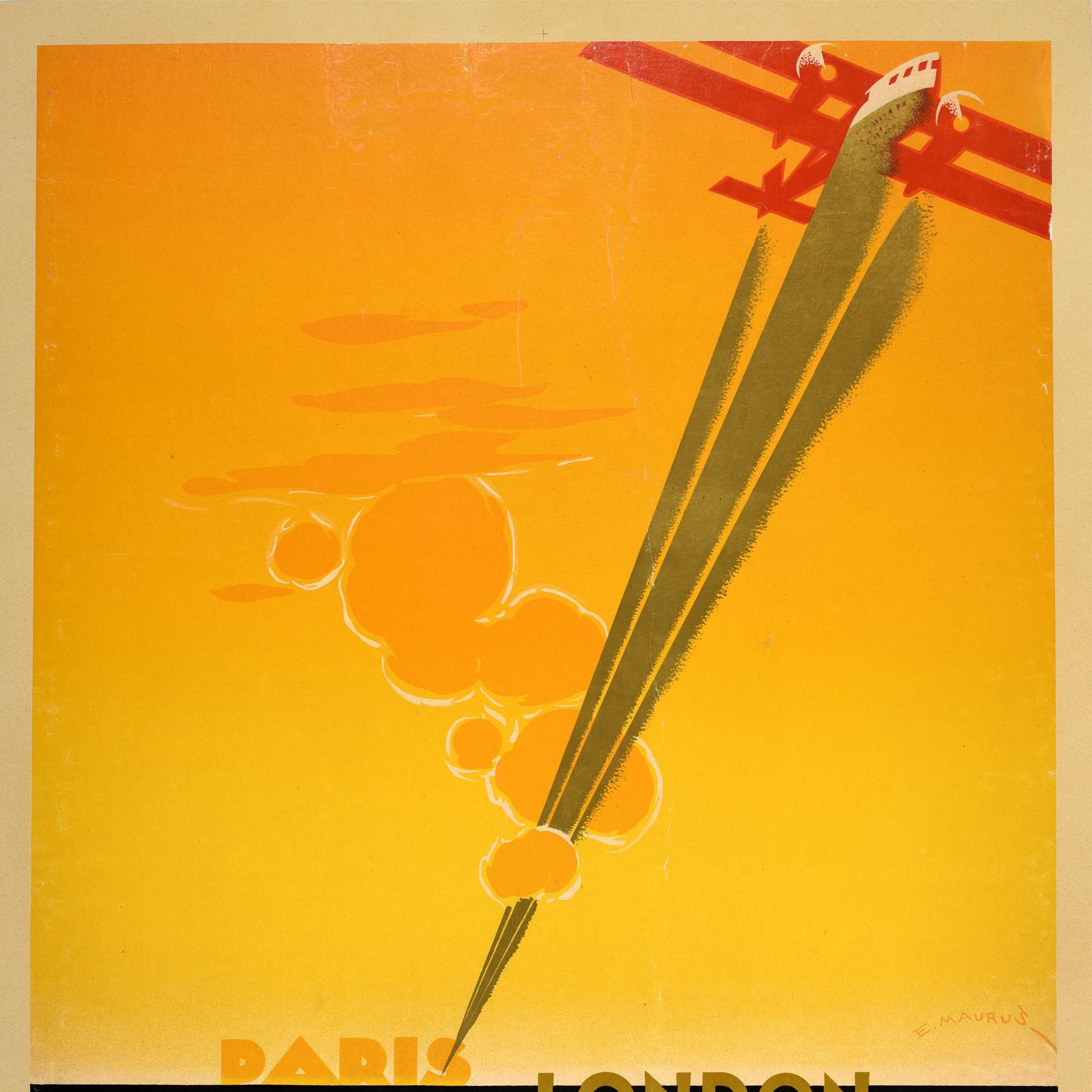 French Original Vintage Travel Poster Golden Ray Air Union Paris London Art Deco Design