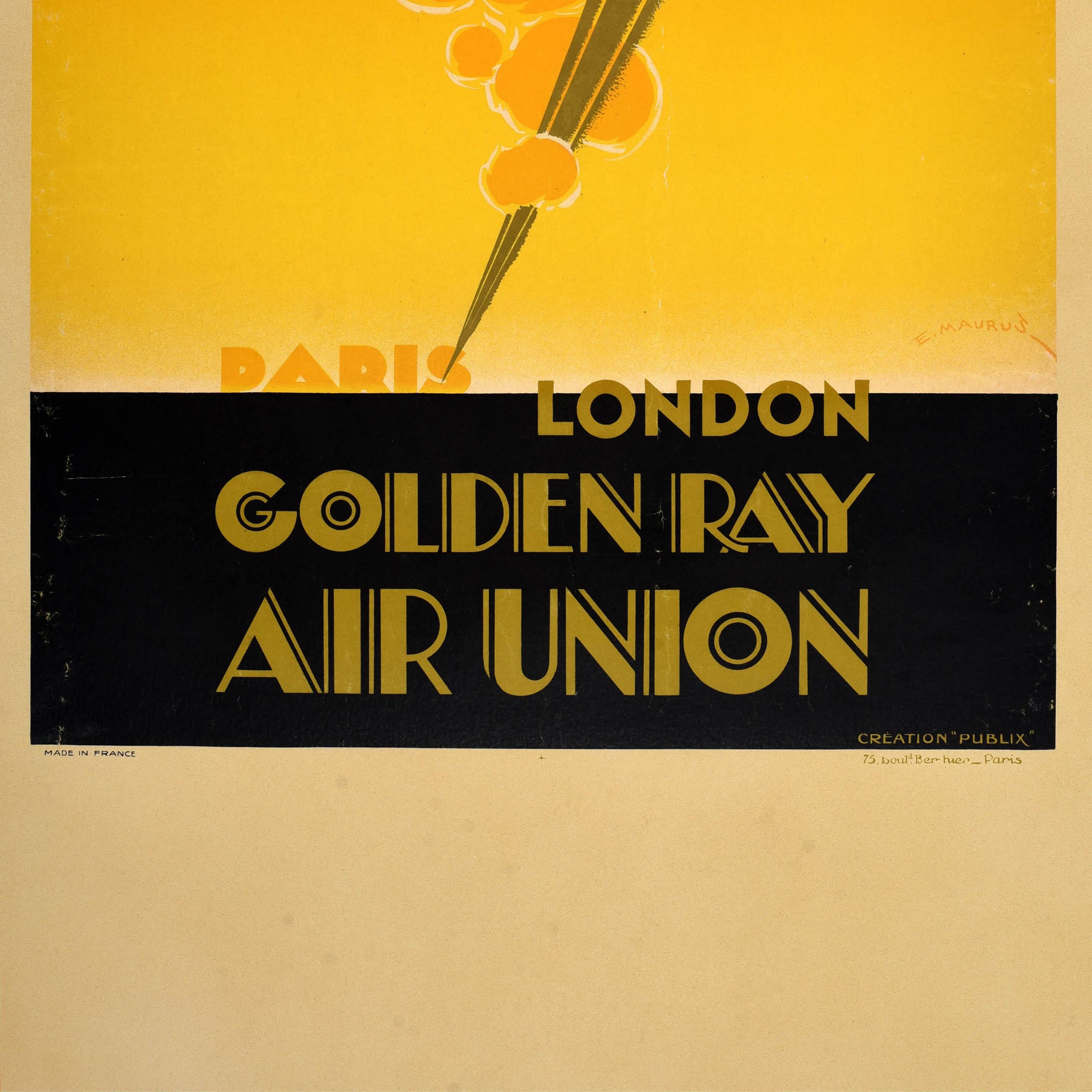 Mid-20th Century Original Vintage Travel Poster Golden Ray Air Union Paris London Art Deco Design