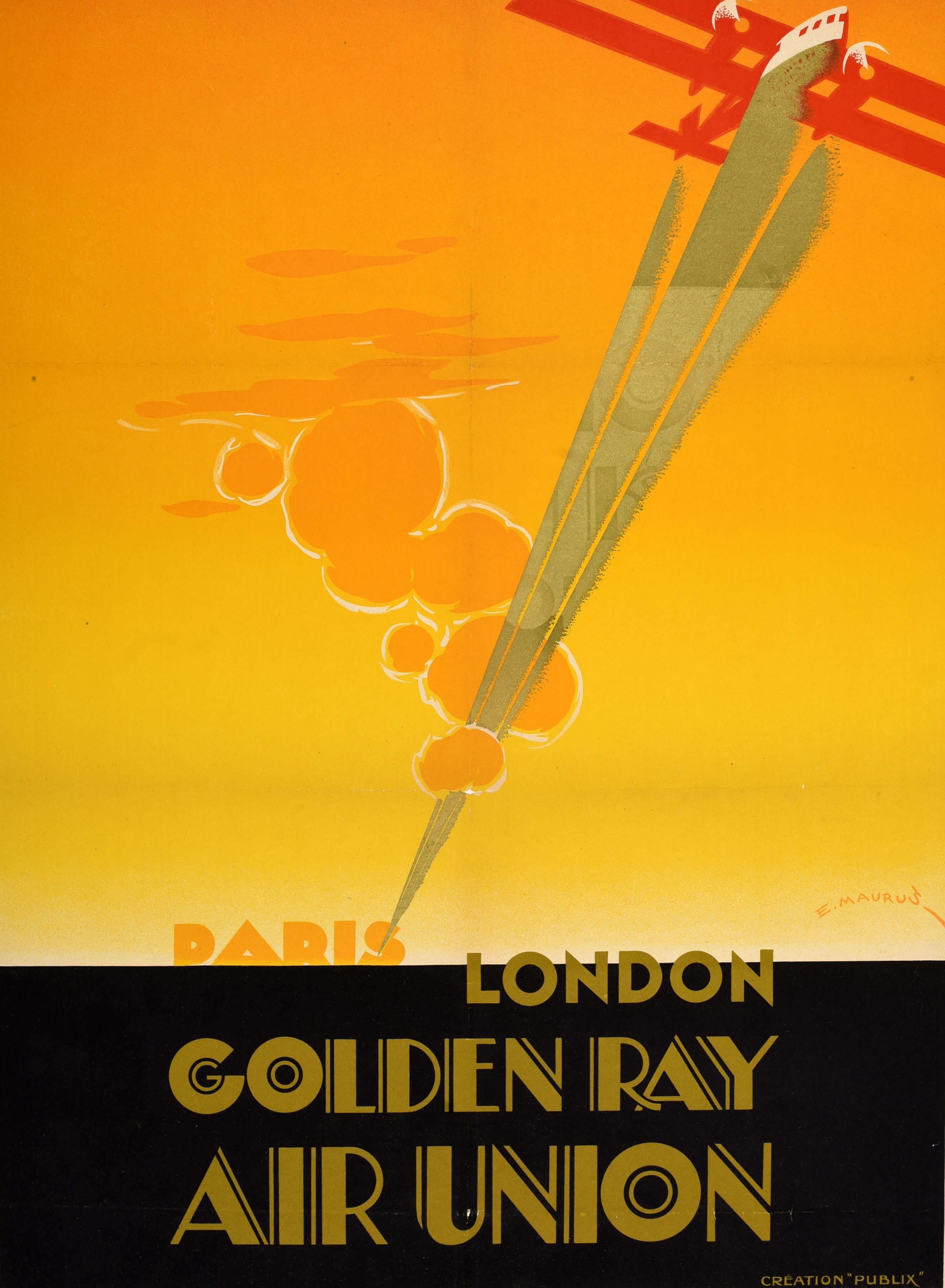 Affiche de voyage originale - Paris Londres Golden Ray Air Union - présentant un superbe dessin Art Déco d'Edmond Maurus (1903-1977) représentant un avion biplan Liore et Olivier LeO 21 volant à grande vitesse dans un ciel nuageux jaune et orange