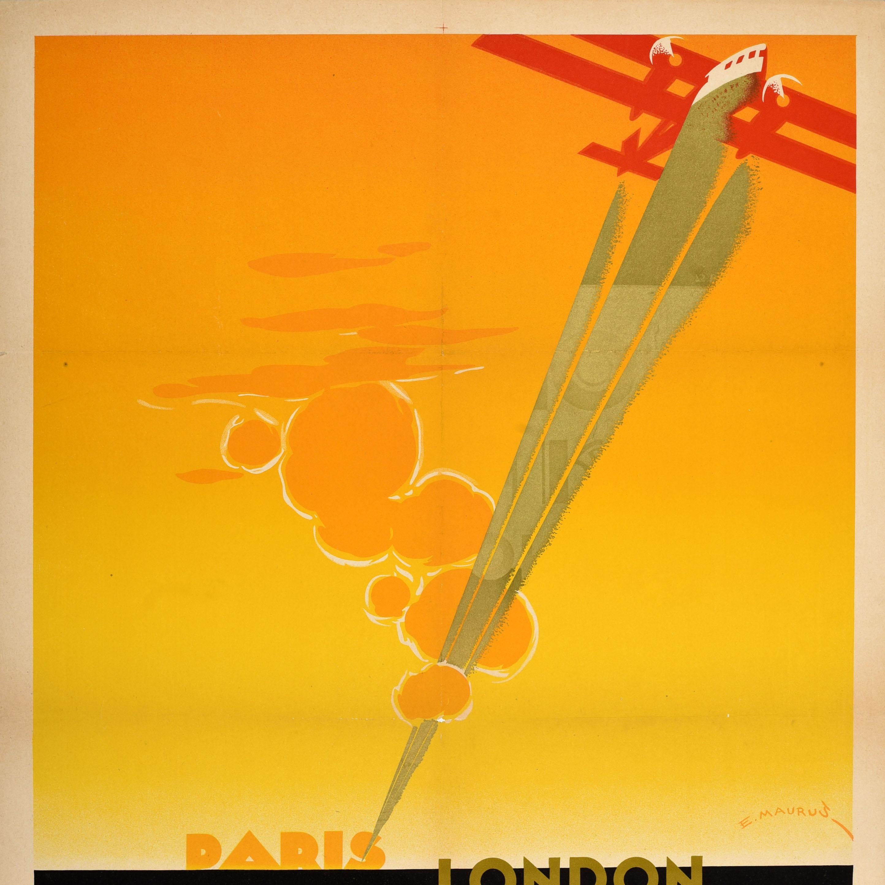 Art déco Affiche de voyage originale Golden Ray Air Union Paris Londres Art Deco Maurus en vente