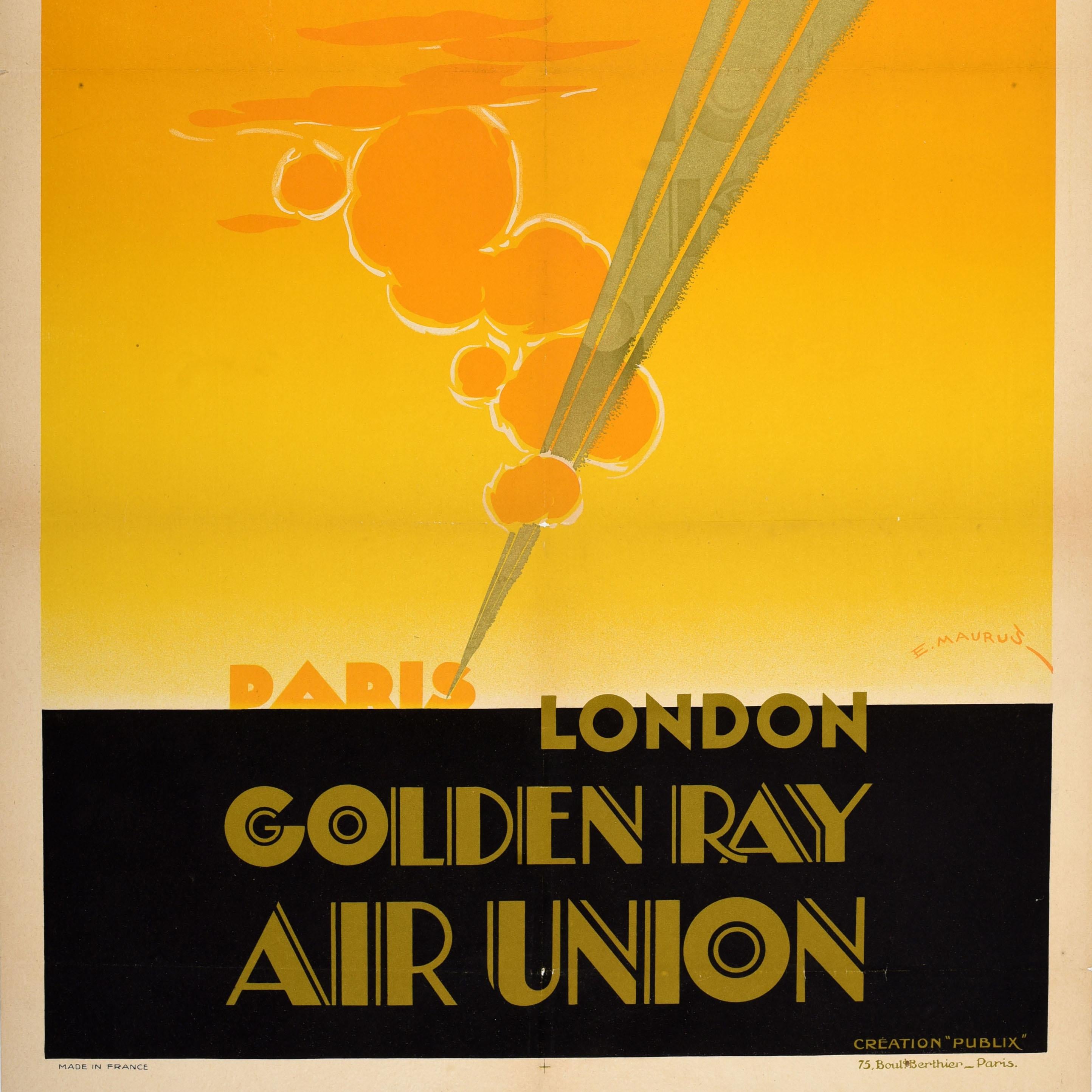 Britannique Affiche de voyage originale Golden Ray Air Union Paris Londres Art Deco Maurus en vente