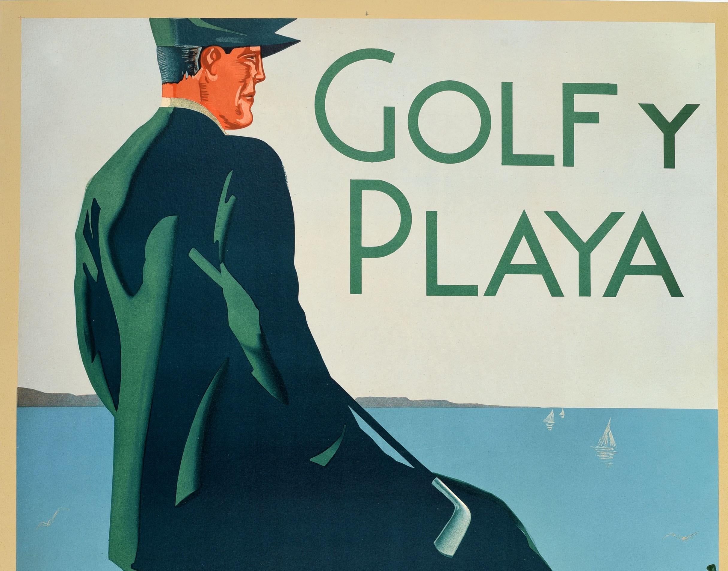 Original vintage travel poster - Golf and Beach Miramar / Golf y Playa Miramar - featuring a stunning Art Deco design depicting a golf player holding a golf club and looking over the view of the bay with sailing boats at sea and hills in the