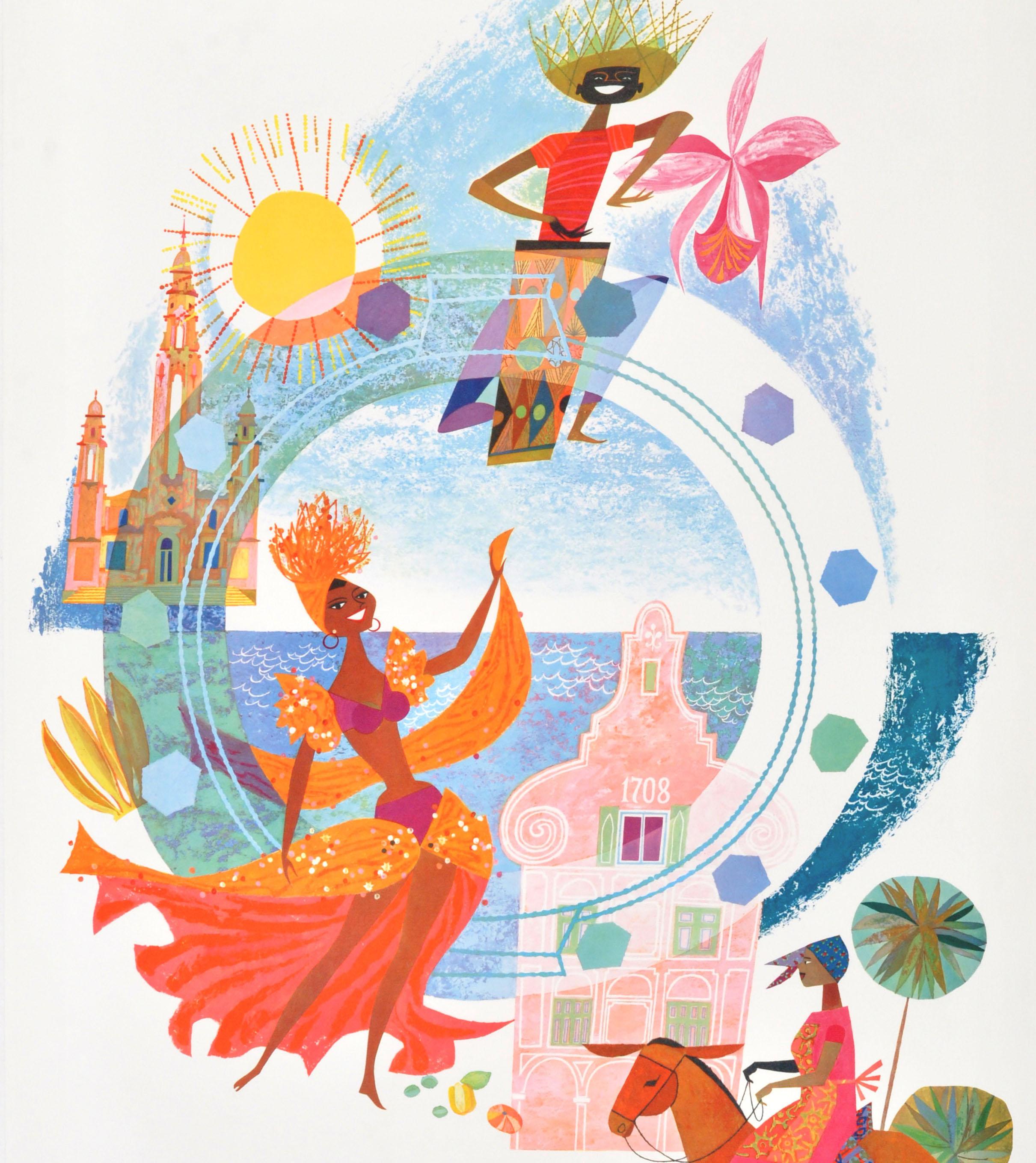 Original-Reiseplakat - Grace Line Karibik-Südamerika-Kreuzfahrten - mit einem farbenfrohen Bild, das einen Mann zeigt, der auf einer Trommel Musik spielt, eine Dame in einem hellen, glitzernden Kostüm, die mit einem langen, wirbelnden Schal tanzt,