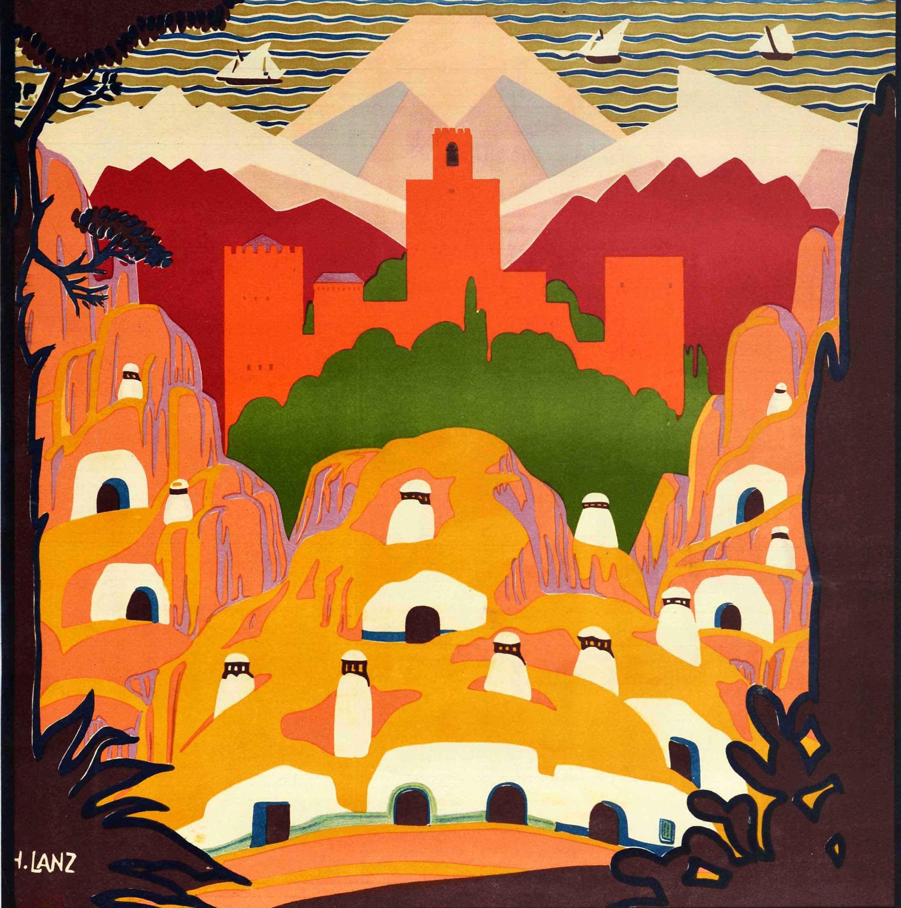 Affiche de voyage vintage originale - Visit Spain Granada Alhambra and Sierra Nevada / Visitez L'Espagne - représentant le palais historique de l'Alhambra et la forteresse en rouge entourés d'arbres sur la colline de la Sabika au-dessus de la plaine