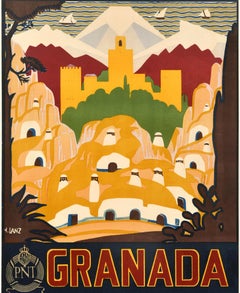 Original Vintage Travel Poster Granada Visit Spain PNT Alhambra Sierra Nevada