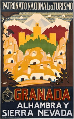 Original Vintage Travel Poster Granada Visit Spain PNT Alhambra Sierra Nevada