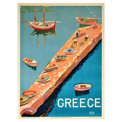 Original Vintage Travel Poster Greece Aegean Island Jetty View Sailing Boats Sea