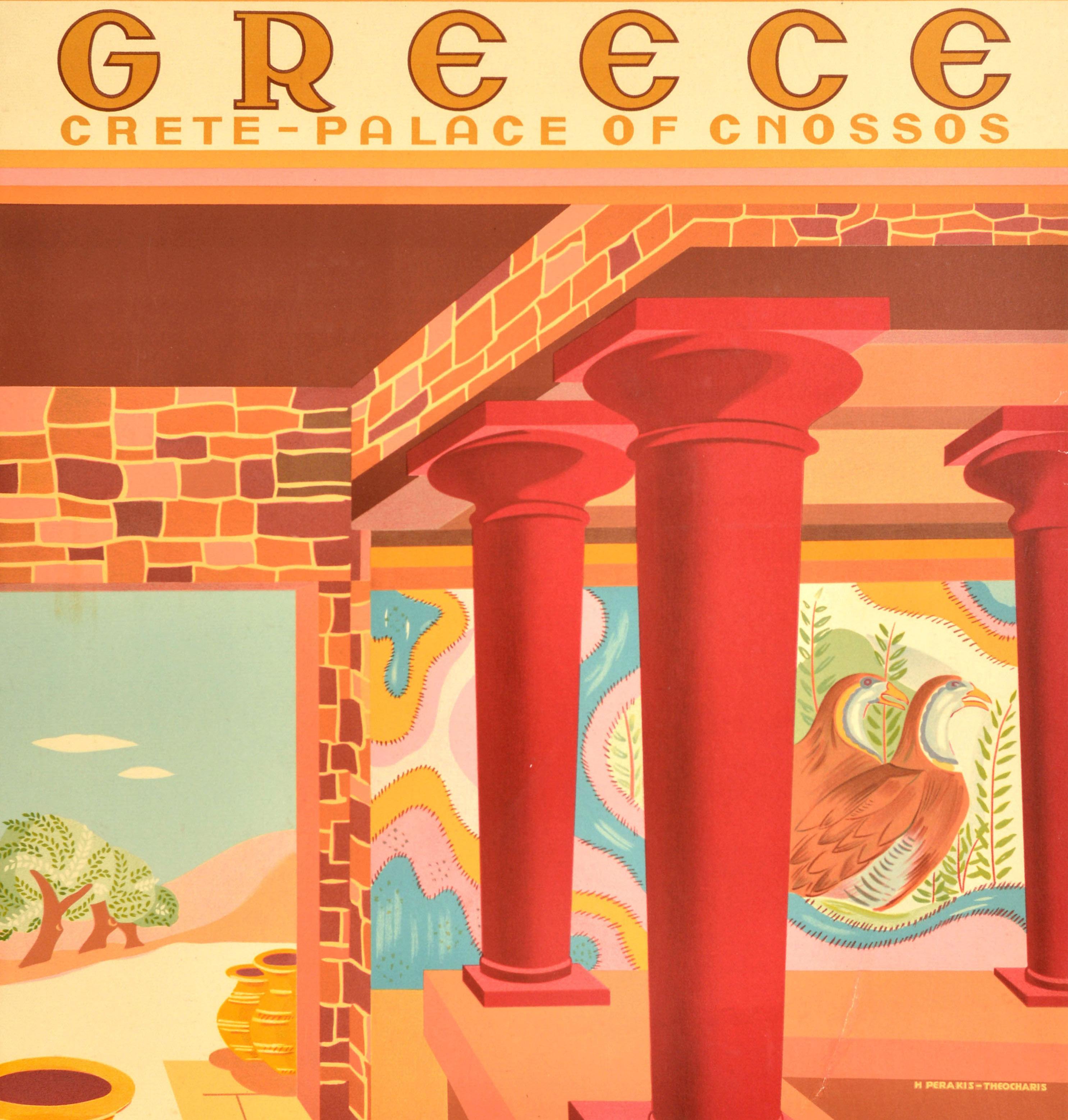 Original vintage cruise travel advertising poster - Greece Crete Palace of Cnossos on the Greek Line T.S.S. Olympia - featuring a colourful illustration of the ancient Minoan Palace of Knossos in Heraklion on the Mediterranean Sea island of Crete,