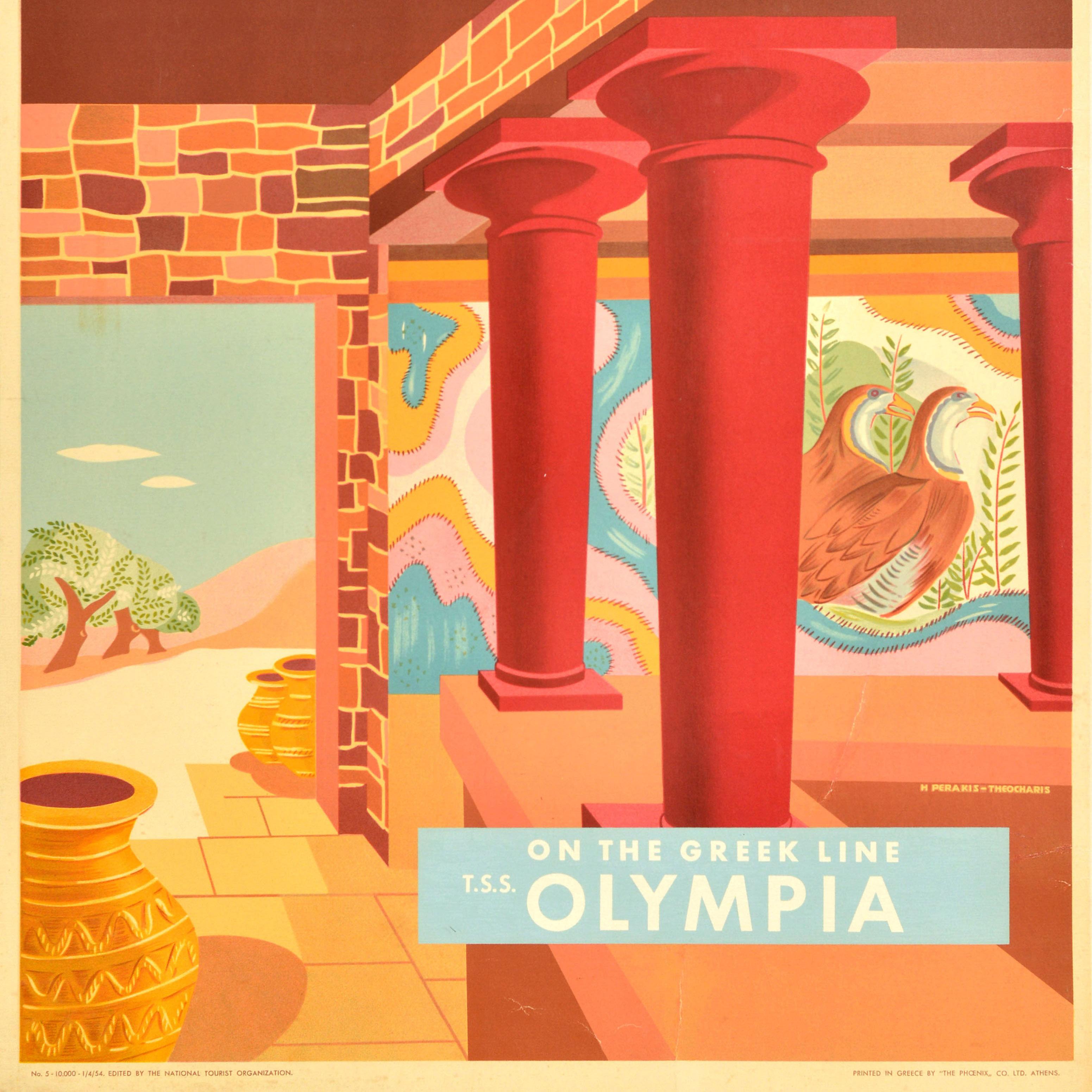 Mid-20th Century Original Vintage Travel Poster Greece Crete Knossos Greek Line Olympia Cruise For Sale