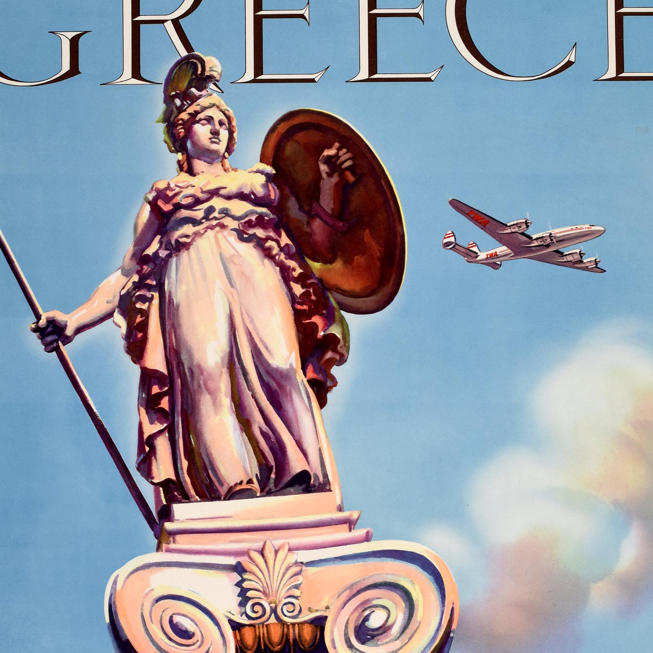 Original vintage travel poster - Fly TWA Greece Trans World Airlines - features a statue of the ancient Greek goddess Athena holding a shield and spear on top of a decorative column (one of two statues in the Academy of Athens as the city's patron)