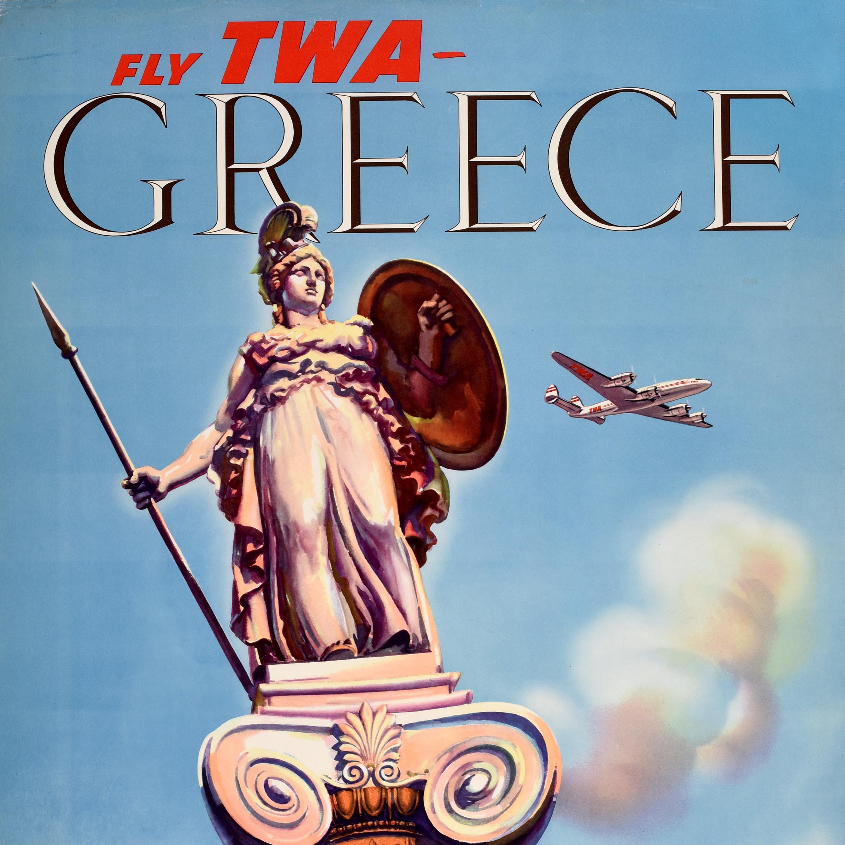 Américain Affiche rétro originale de voyage Grèce Fly TWA Airlines Lockheed Constellation en vente