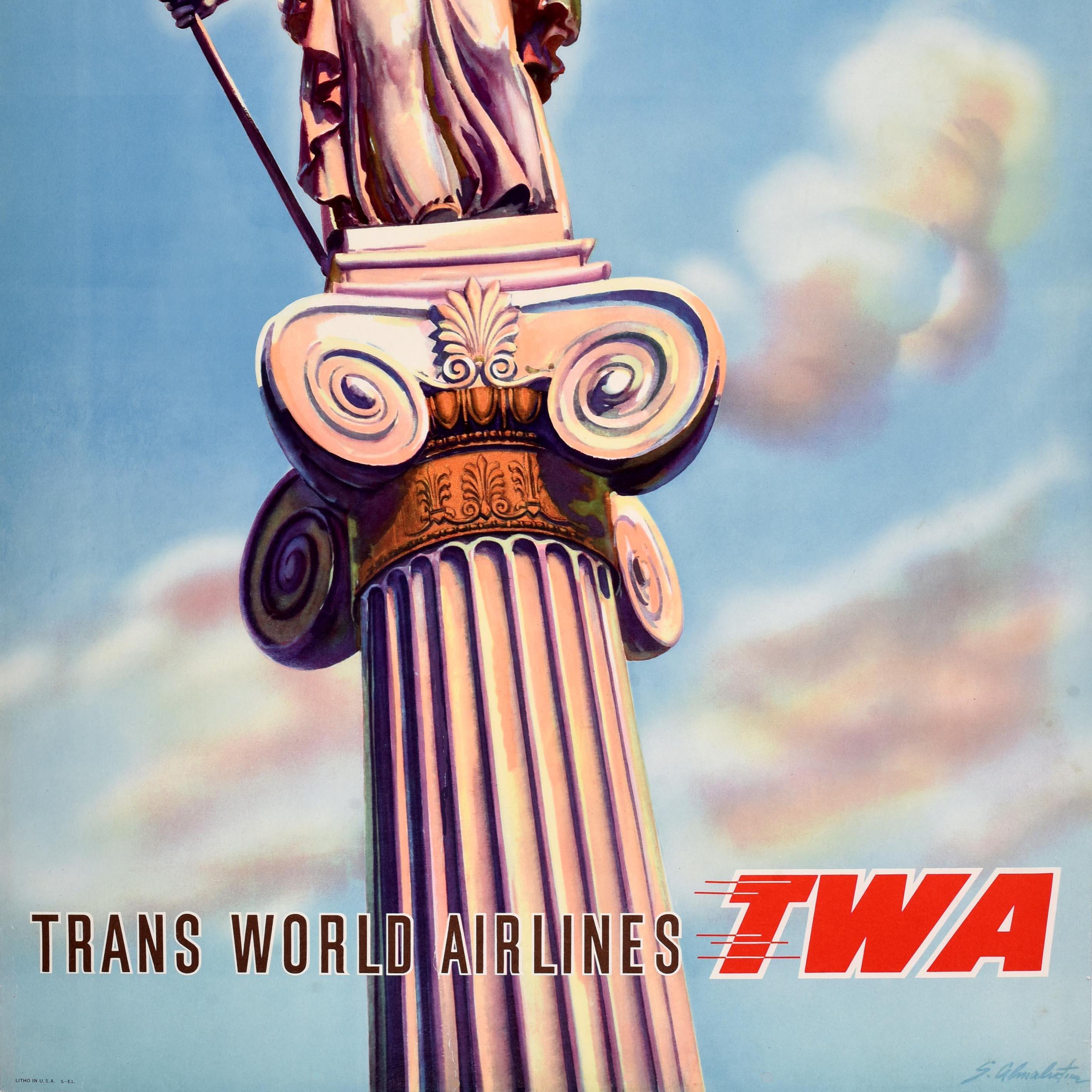 Affiche rétro originale de voyage Grèce Fly TWA Airlines Lockheed Constellation Bon état - En vente à London, GB
