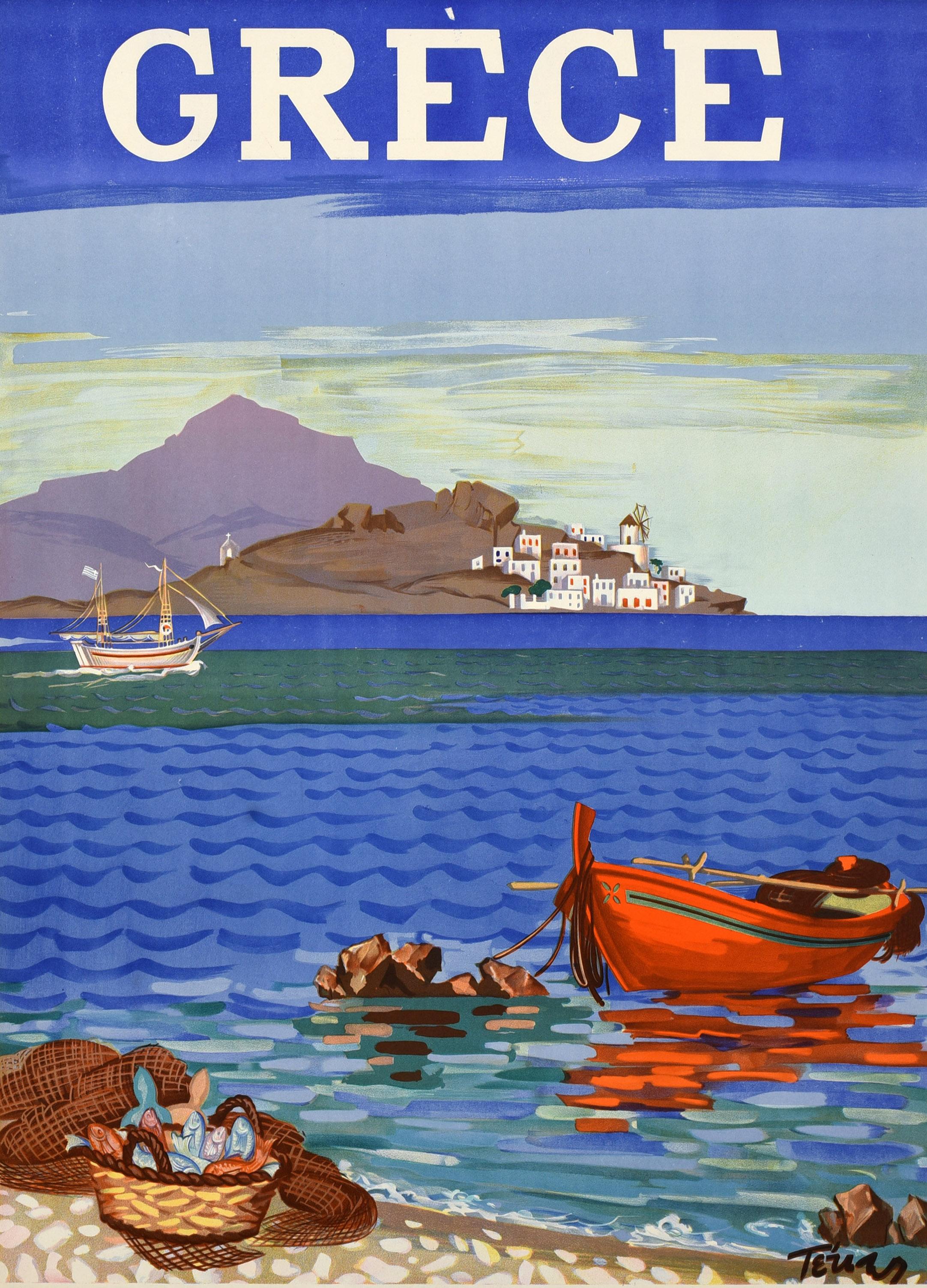Original vintage travel poster - Greece Aegean Sea Coastline / Grece Littoral de la mer egee - featuring a colourful seaside view depicting a wooden rowing boat moored to a rock and reflected on the water near fishing nets and a basket of fish on