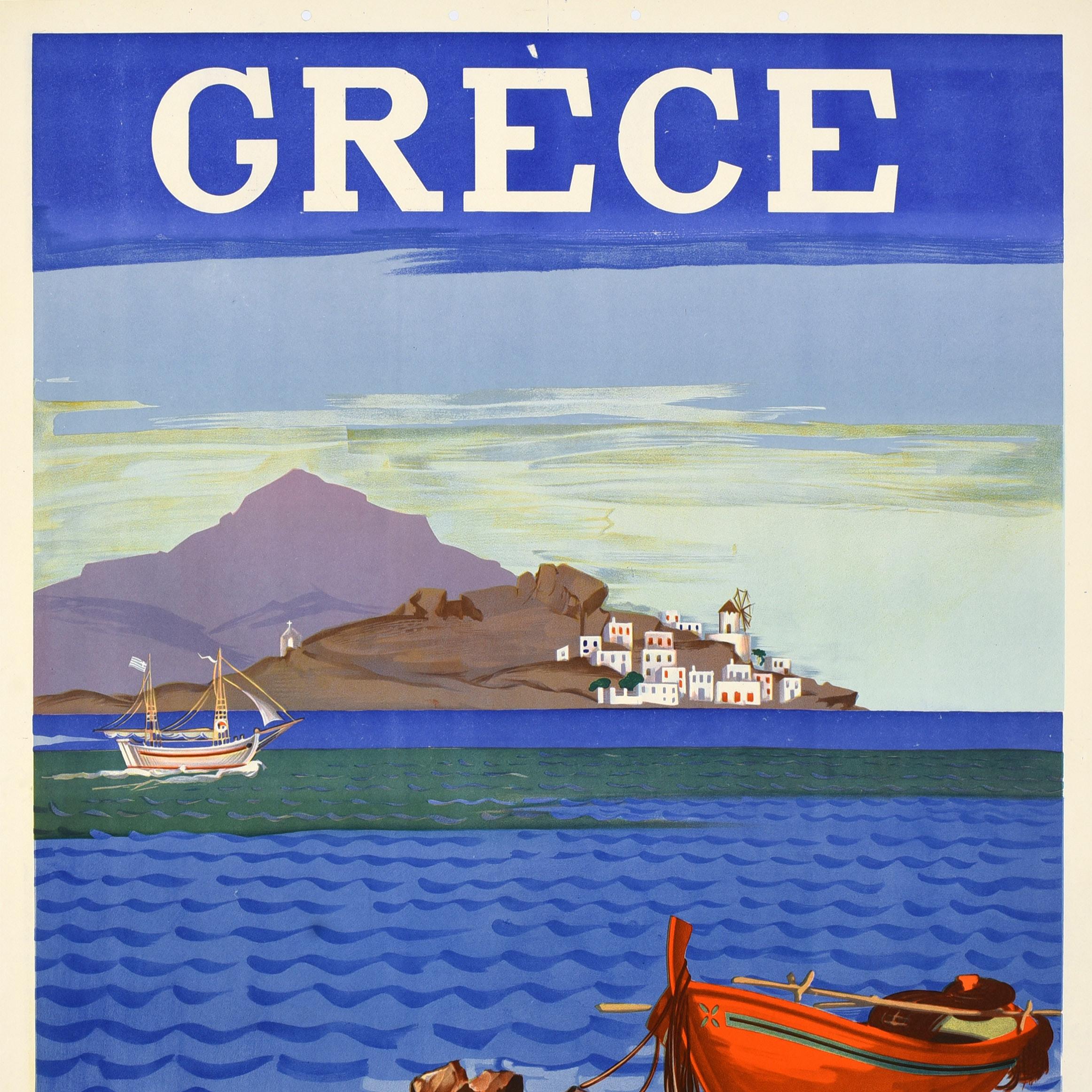 Greek Original Vintage Travel Poster Greece Grece Aegean Coast Mediterranean Sea  For Sale