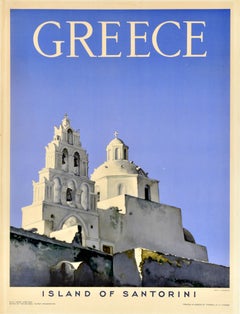 Poster di viaggio originale d'epoca Grecia Isola di Santorini Church's Mediterraneo