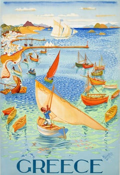 Cartel de viaje vintage original de Grecia: el puerto de Egina, con el velero «Spyros Vassiliou»