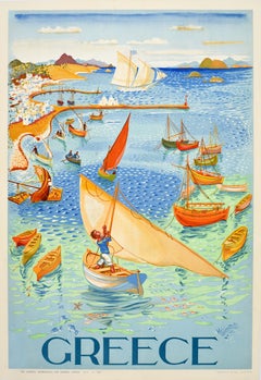 Cartel de viaje vintage original de Grecia: el puerto de Egina, con el velero «Spyros Vassiliou»