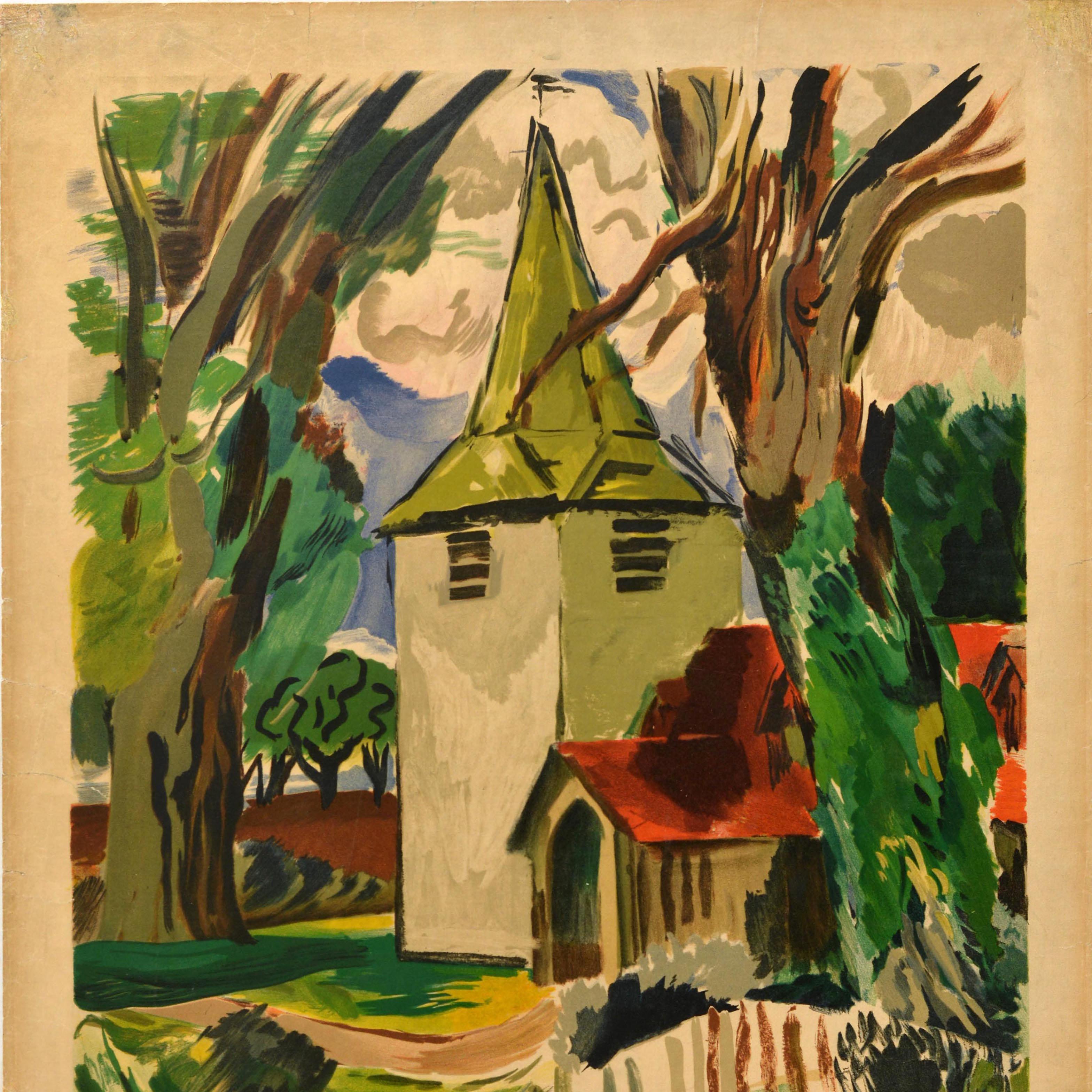 Art déco Affiche de voyage originale Greensted by Green Line Coach Essex Gardiner UK en vente