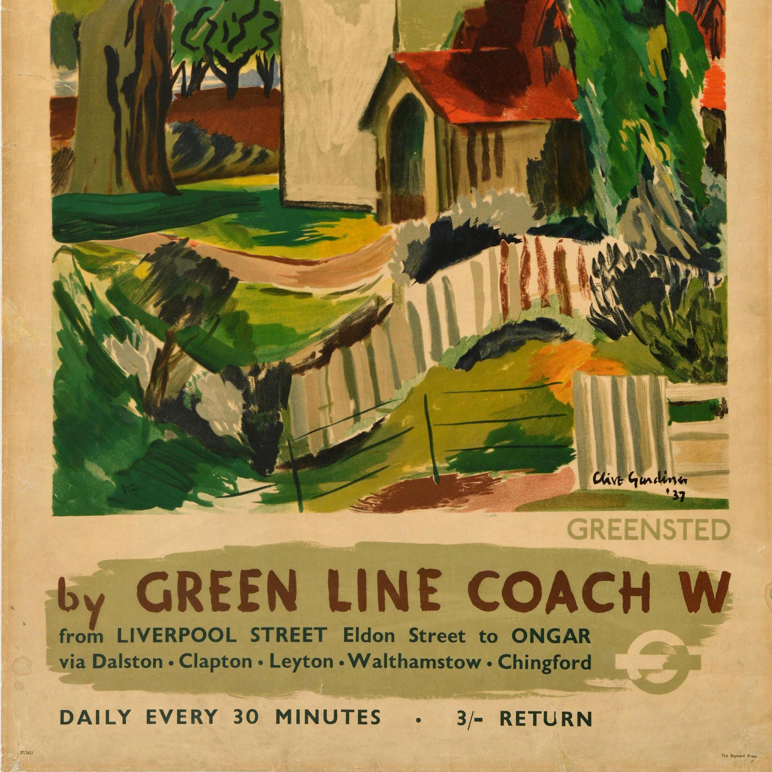 Britannique Affiche de voyage originale Greensted by Green Line Coach Essex Gardiner UK en vente