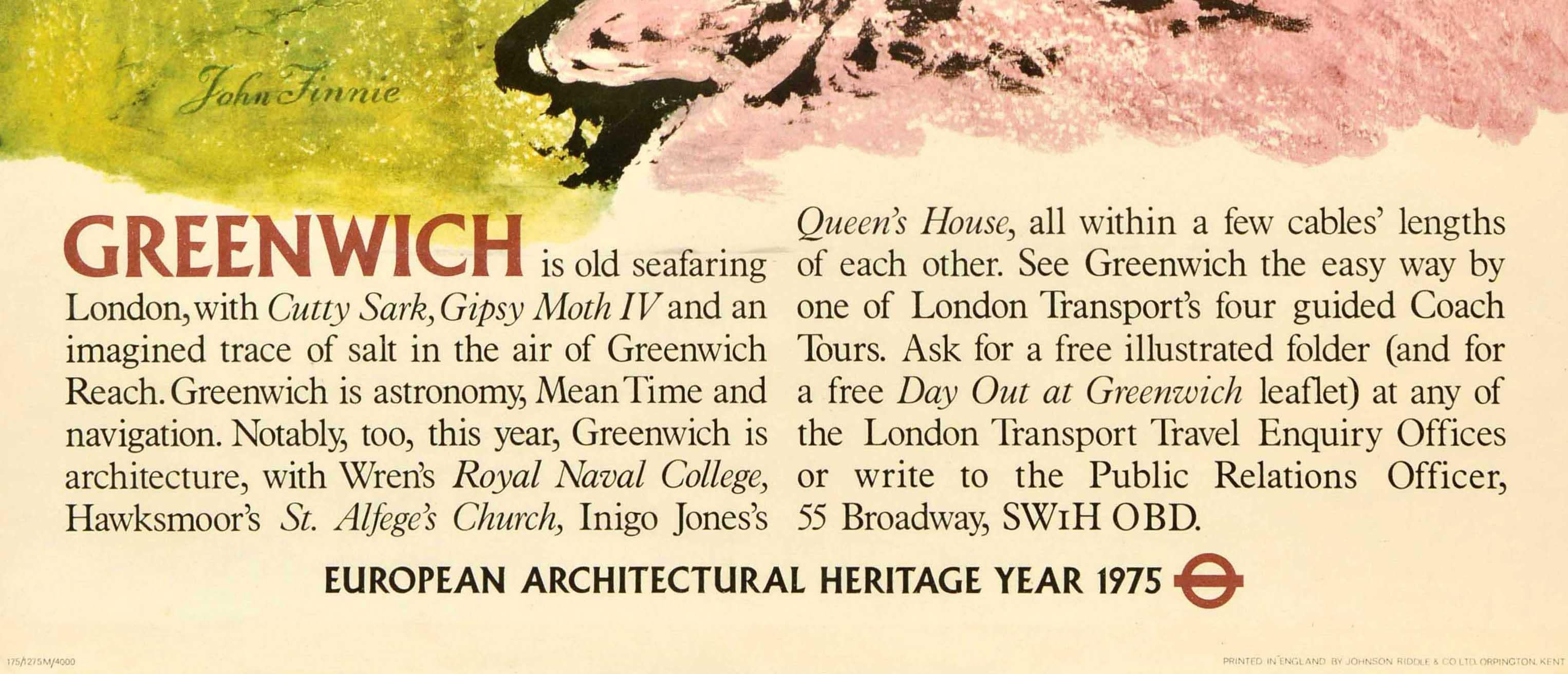 Poster di viaggio originale d'epoca Greenwich Architettura Londra Trasporti Finnie UK In condizioni buone in vendita a London, GB