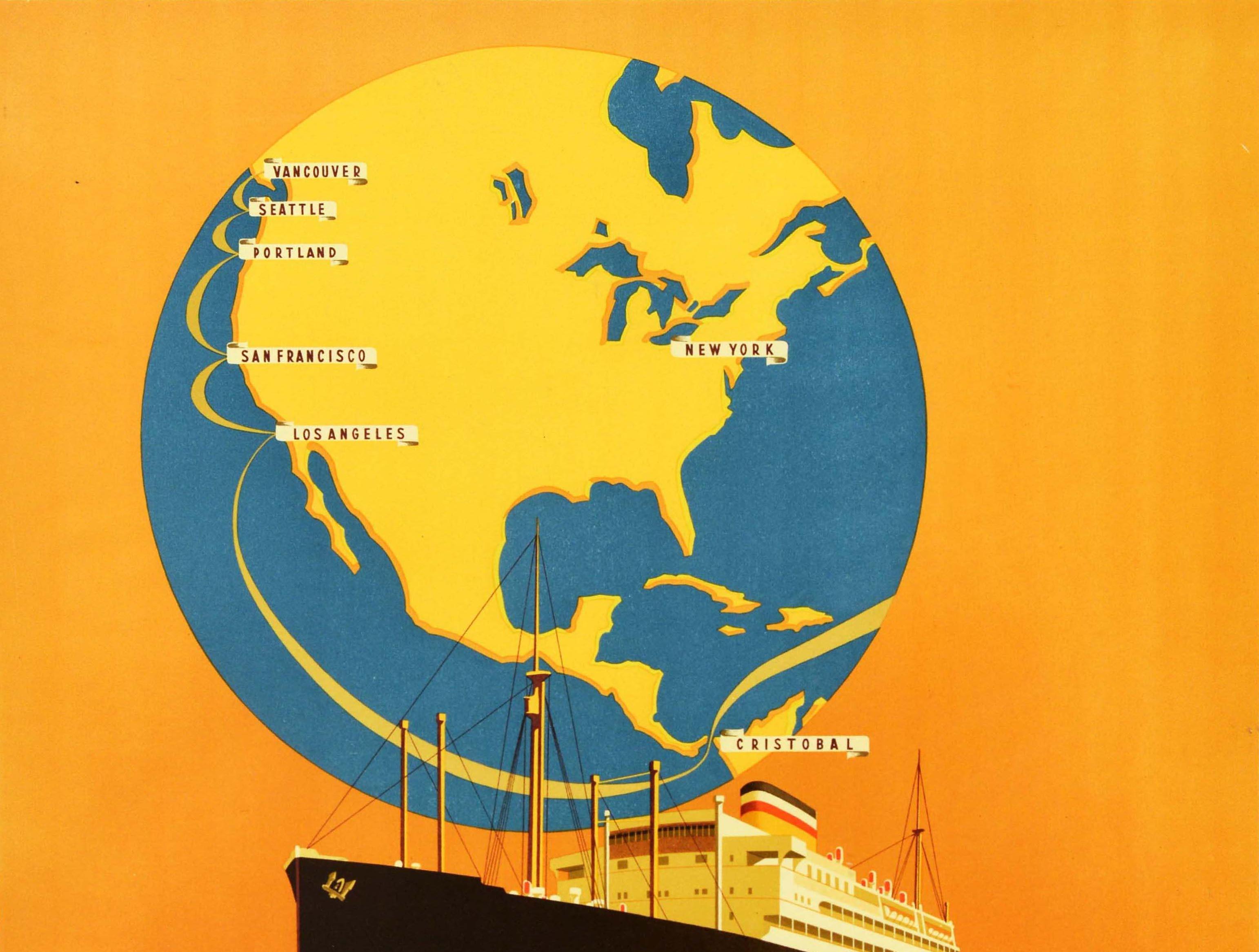 Original vintage travel poster advertising Hamburg America Line cruises direct to Los Angeles San Francisco featuring a sleek ocean liner ship sailing at sea in front of a globe of the world marked with New York and the city names on the route over