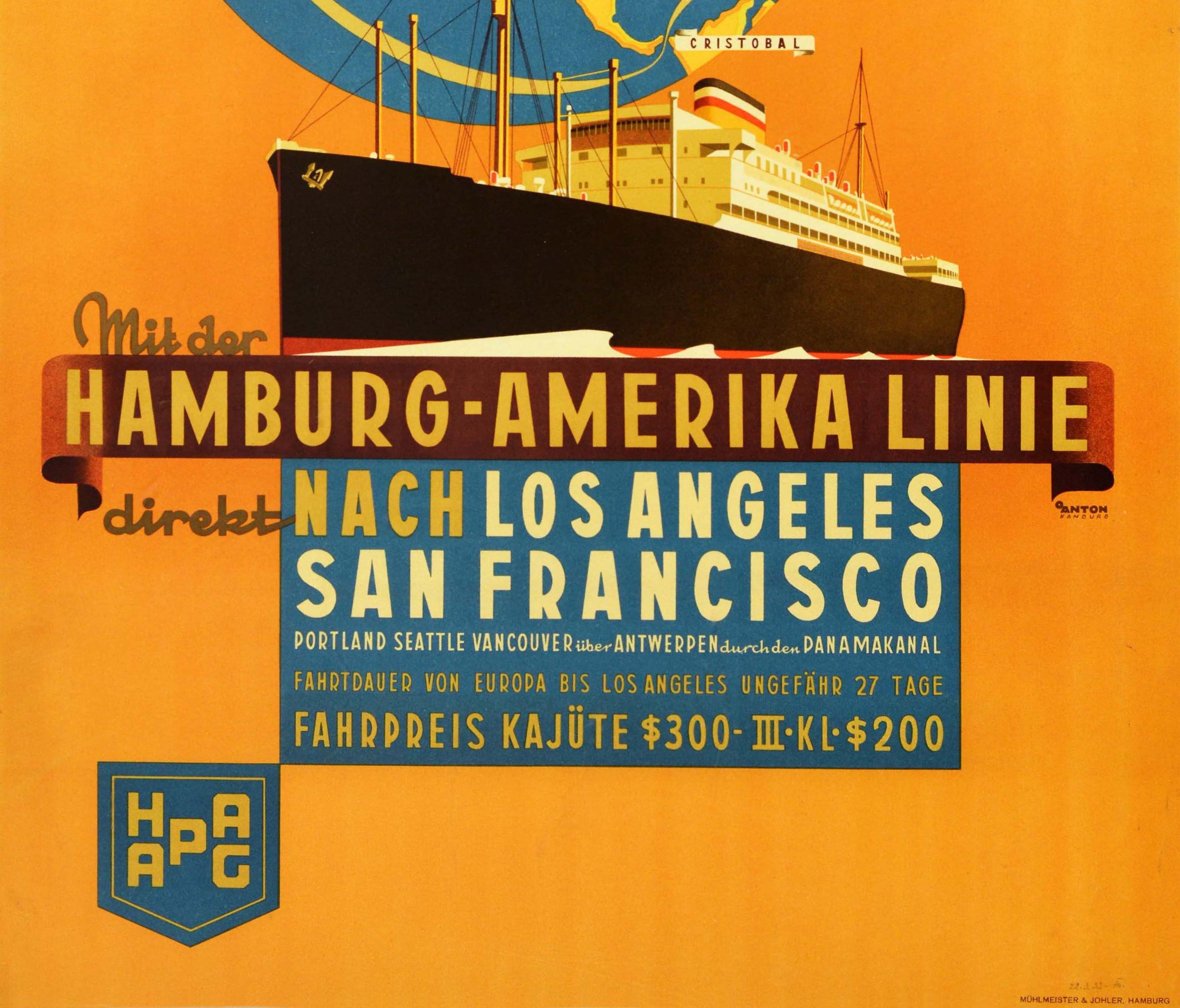 Art déco Affiche rétro originale de voyage Hamburg America Line To Los Angeles San Francisco en vente