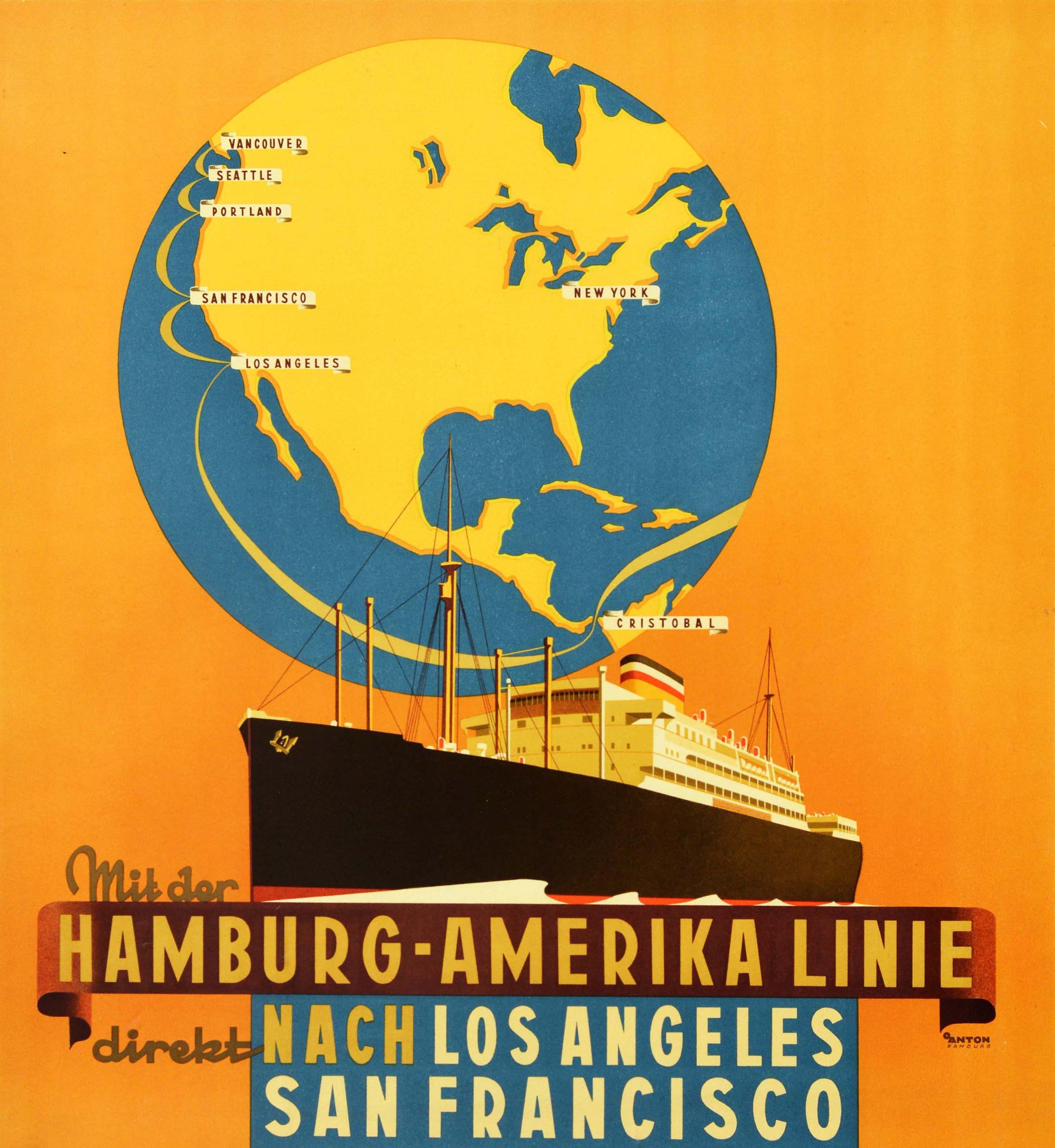 Allemand Affiche rétro originale de voyage Hamburg America Line To Los Angeles San Francisco en vente