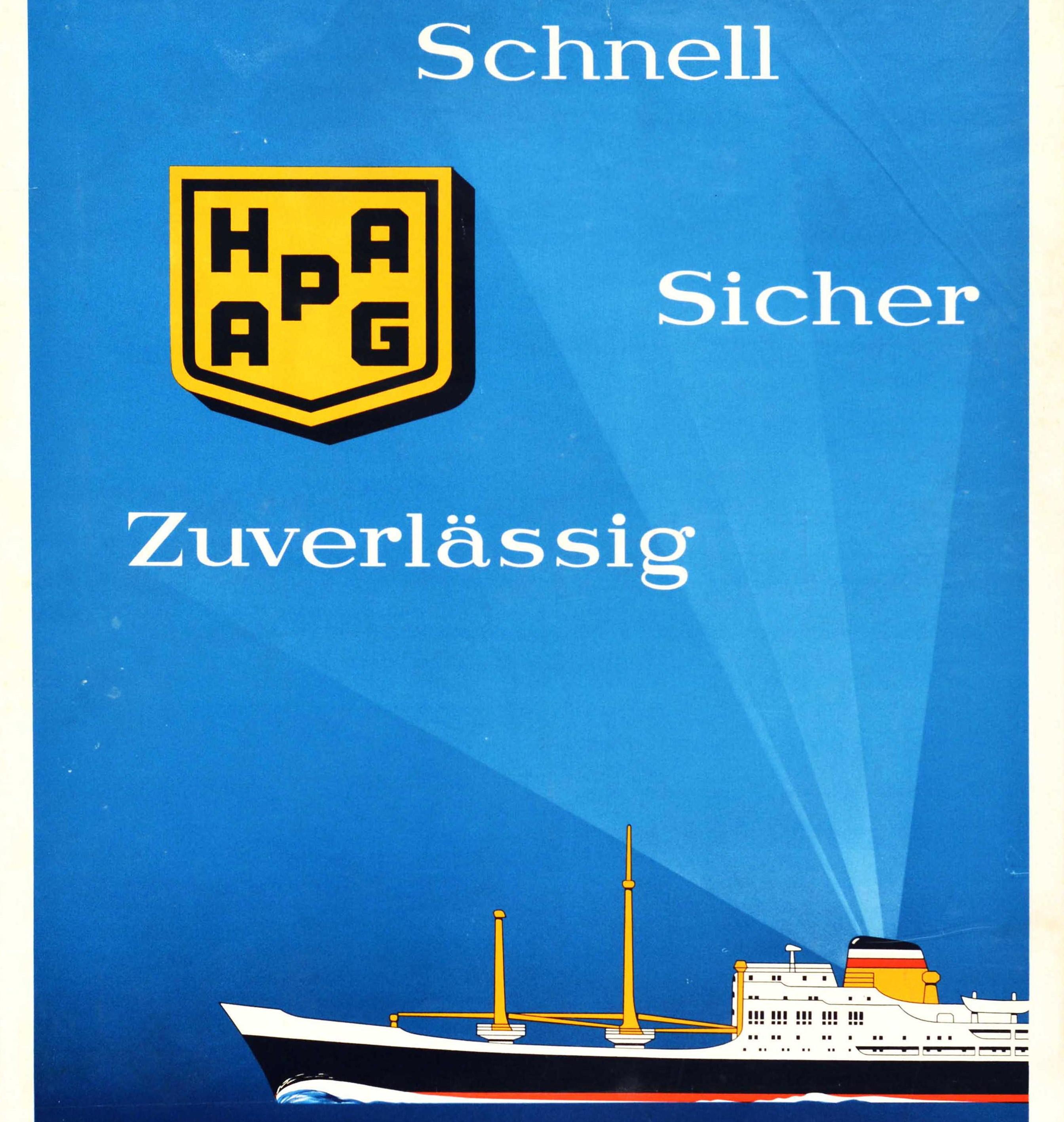 German Original Vintage Travel Poster Hamburg America Liner Fast Safe Reliable Ship Art For Sale